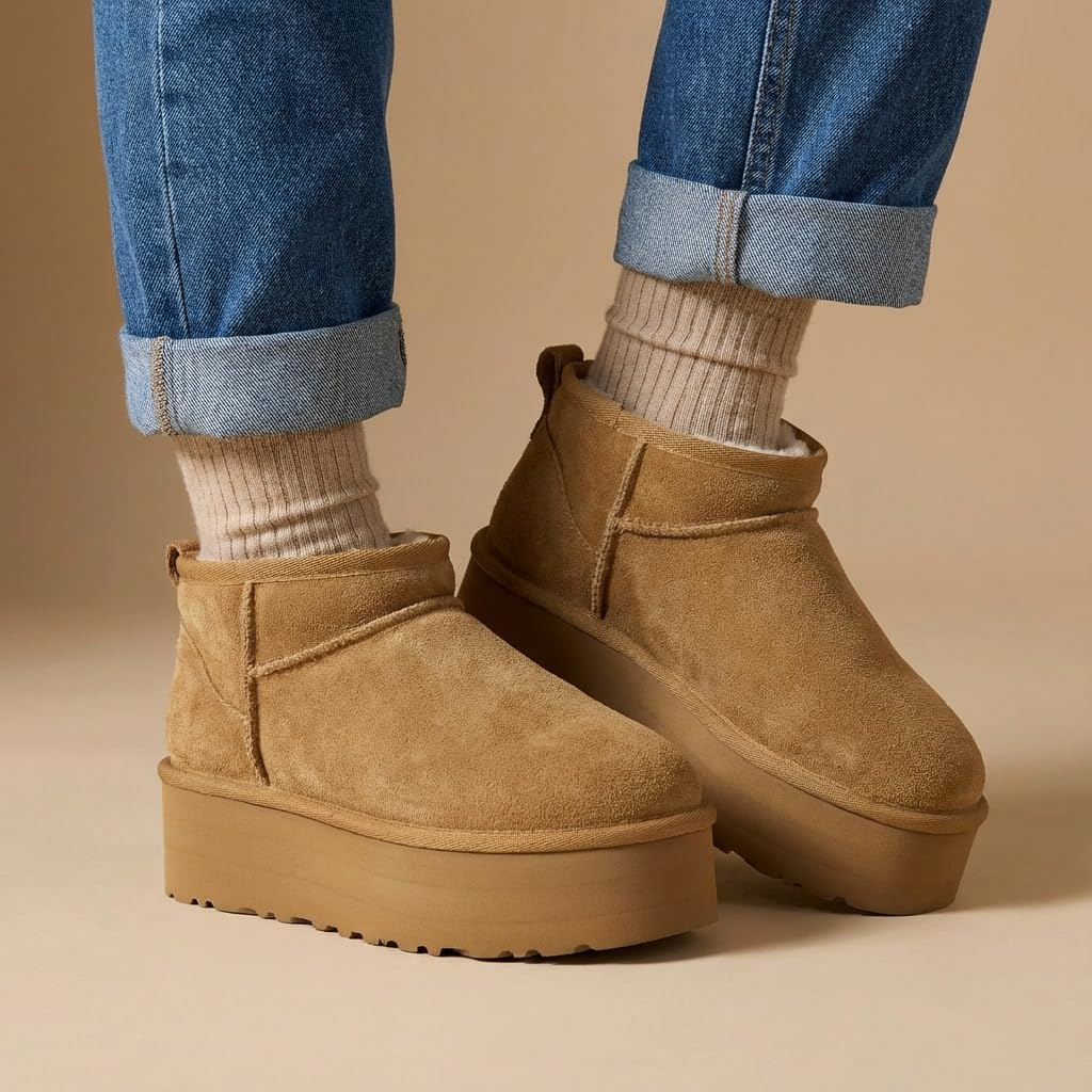 CUSHIONAIRE Hippy Women’s Platform Ankle Boots – Genuine Suede, Faux Fur Lining, Cozy Winter Slip-On Design Mini boots, CHESTNUT 7