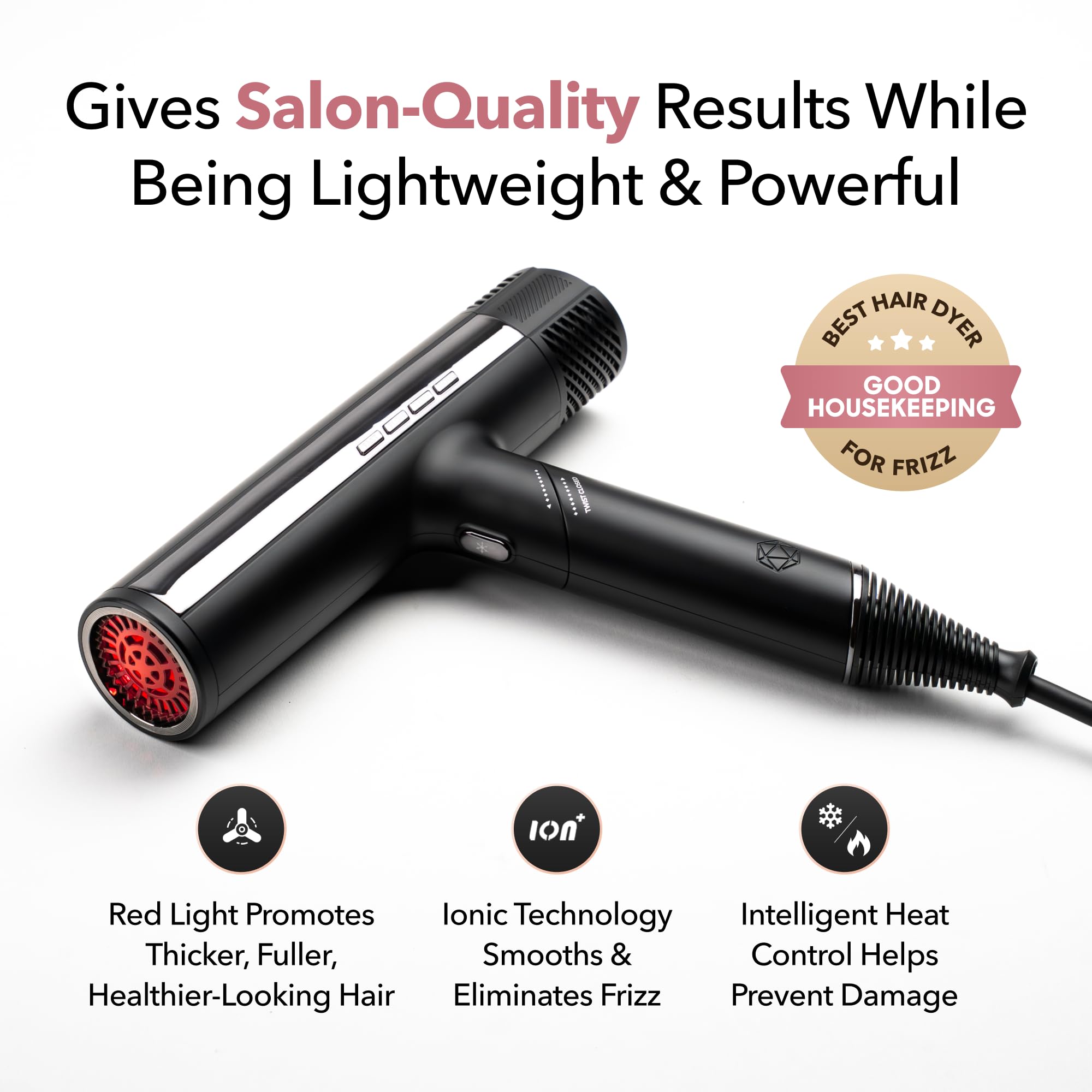 DryQ Smart Hair Dryer from SRILabs | Infrared and Ionic Technology - Lightweight + Foldable - Powerful + Quiet - 3 Magnetic Attachments - Heat Control with Locking Switch - Limited Edition (Magenta)