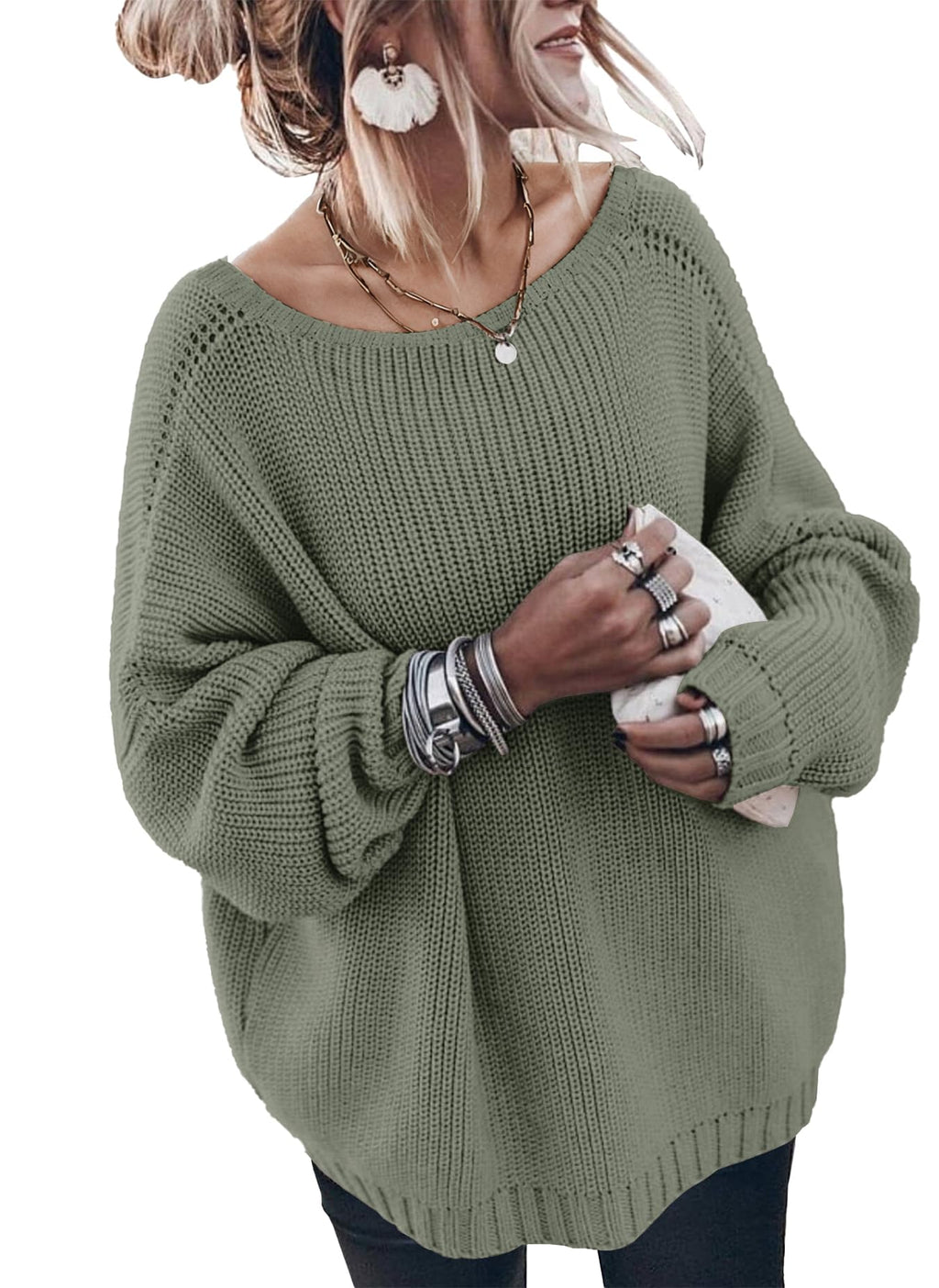 GUNEST Womens Oversized Sweaters Off The Shoulder Casual Crew Neck Long Sleeve Cute Crochet Ribbed Tunic Sweater Green L