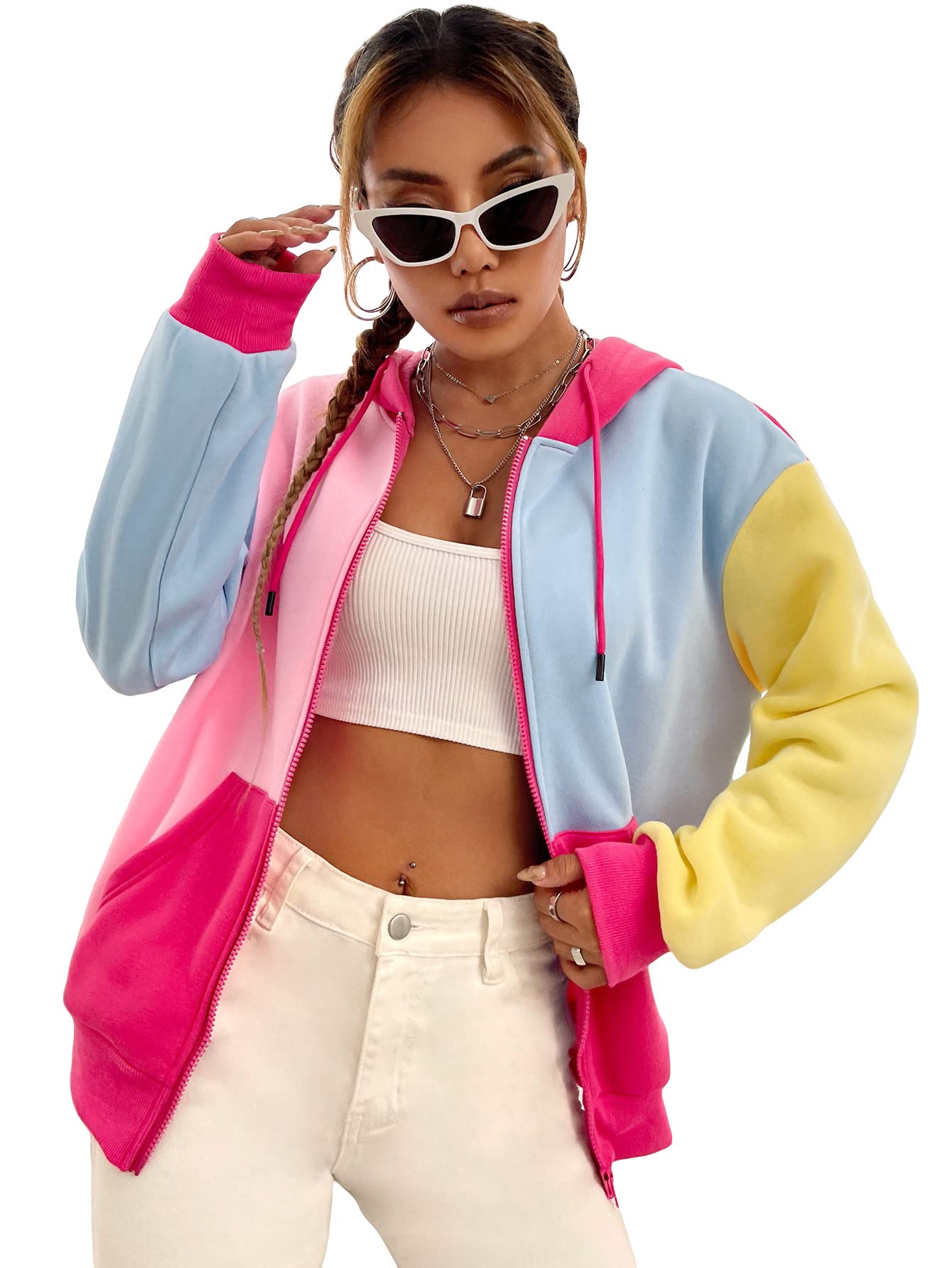 WDIRARA Women's Color Block Zip Front Drawstring Long Sleeve Hoodie Pocket Sweatshirt Multicolor S