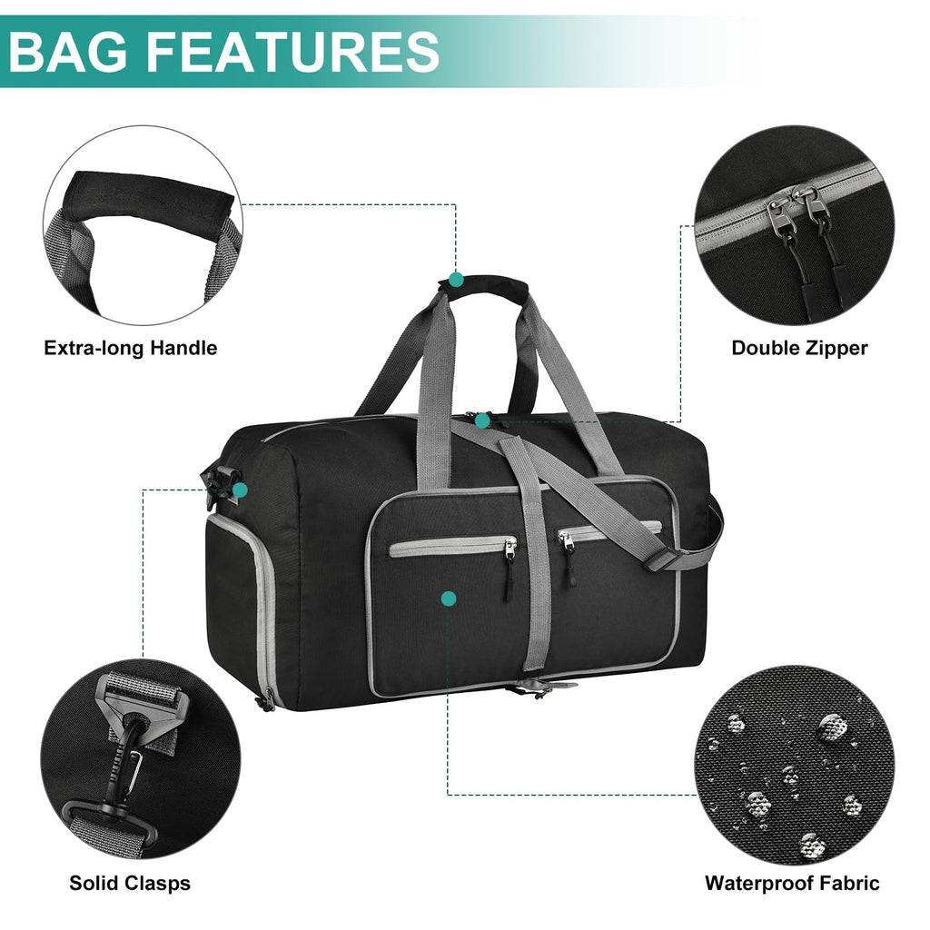 Dimayar 40L Travel Duffle Bag for Men Women - Foldable Duffel Bag with Shoes Compartment - Overnight Bags Waterproof & Tear Resistant(Black)