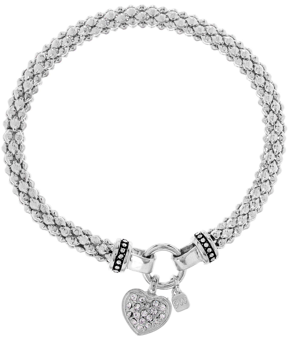 Nine West Women's Crystal Pave Heart Charm Stretch Bracelet Silver Tone