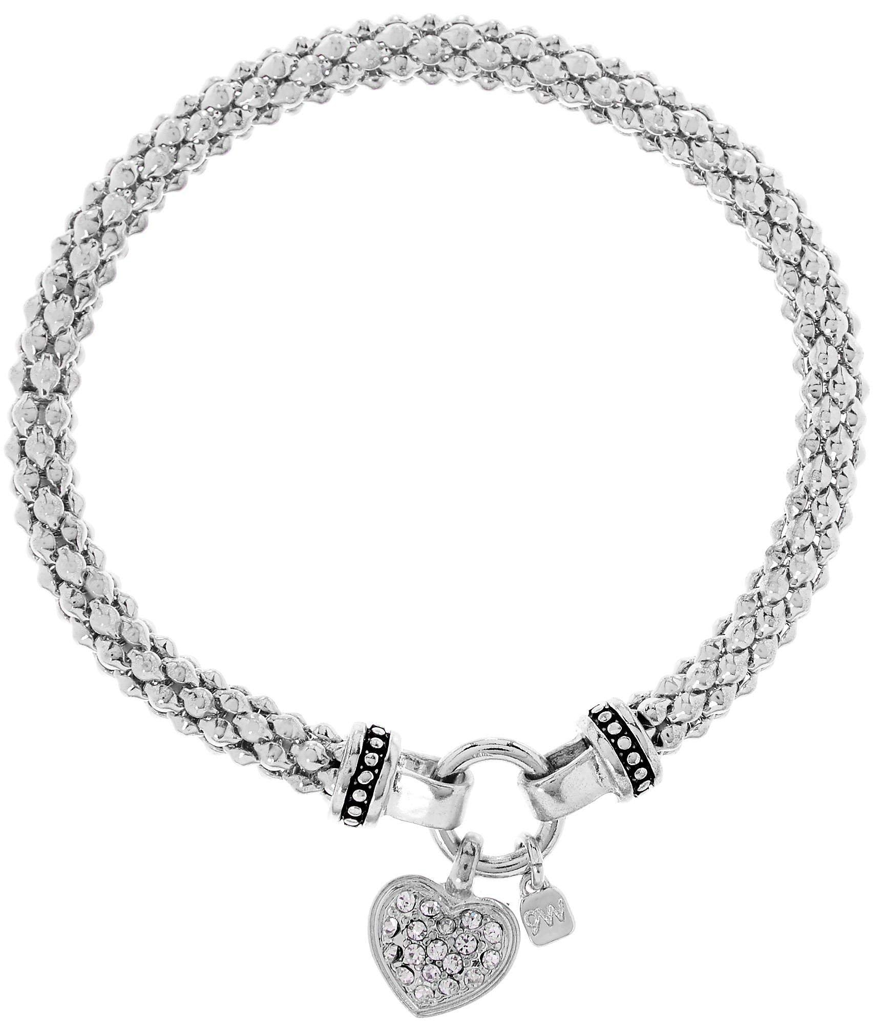 Nine West Women's Crystal Pave Heart Charm Stretch Bracelet Silver Tone