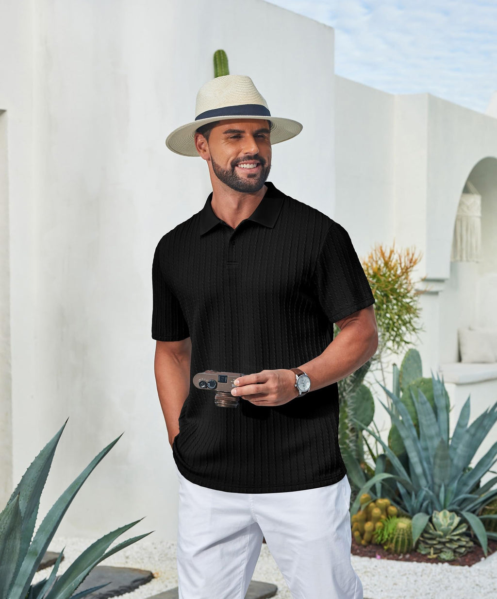 COOFANDY Mens Casual Polo Shirts Textured Knit T-Shirts Regular Fit Golf Shirts Summer Vacation Beach Tops