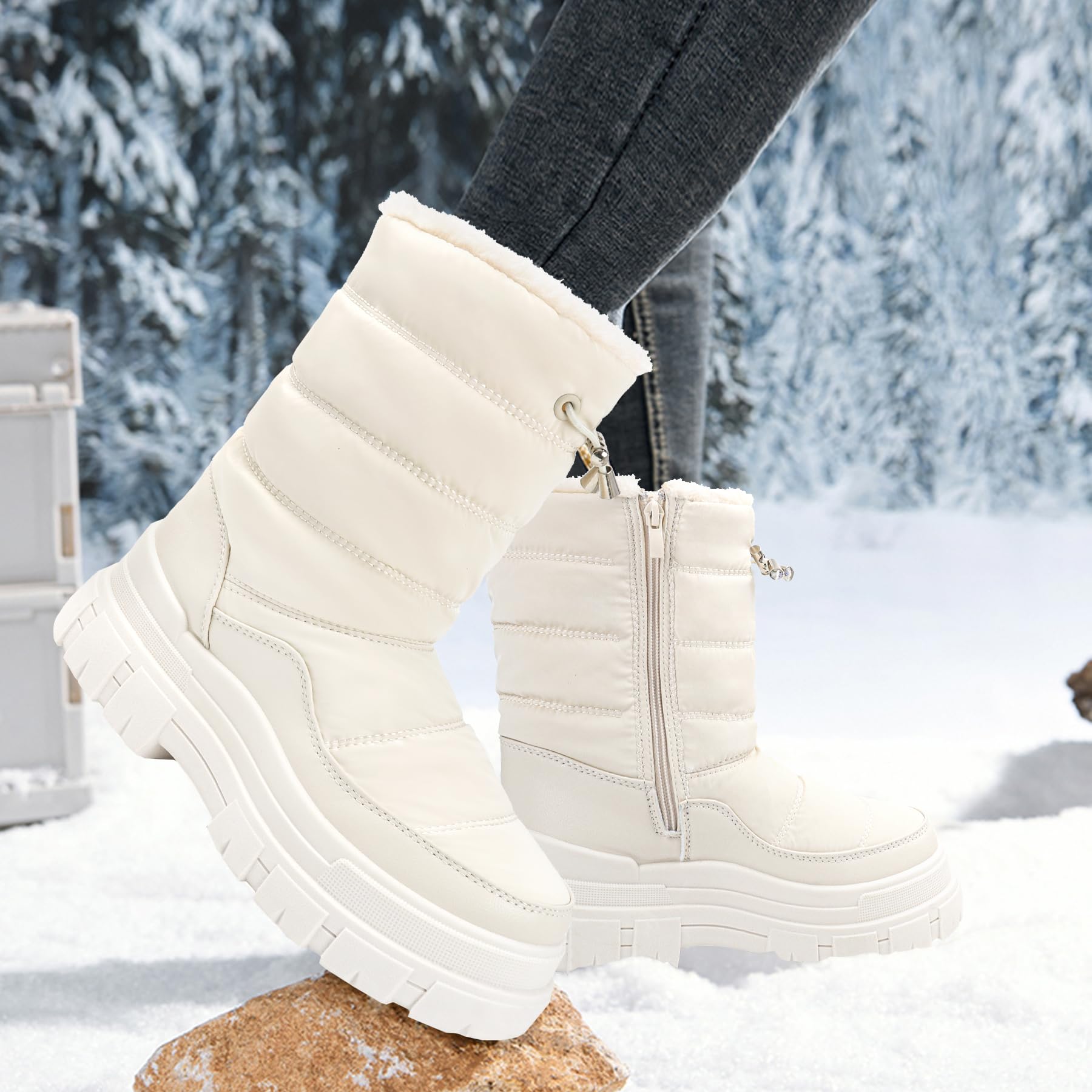 Viapipa White Snow Boots for Women Waterproof Platform Winter Boots with Side Zipper & Adjustment Buckle Design, Anti-Slip Warm, Comfortable Outdoor Booties, White,8