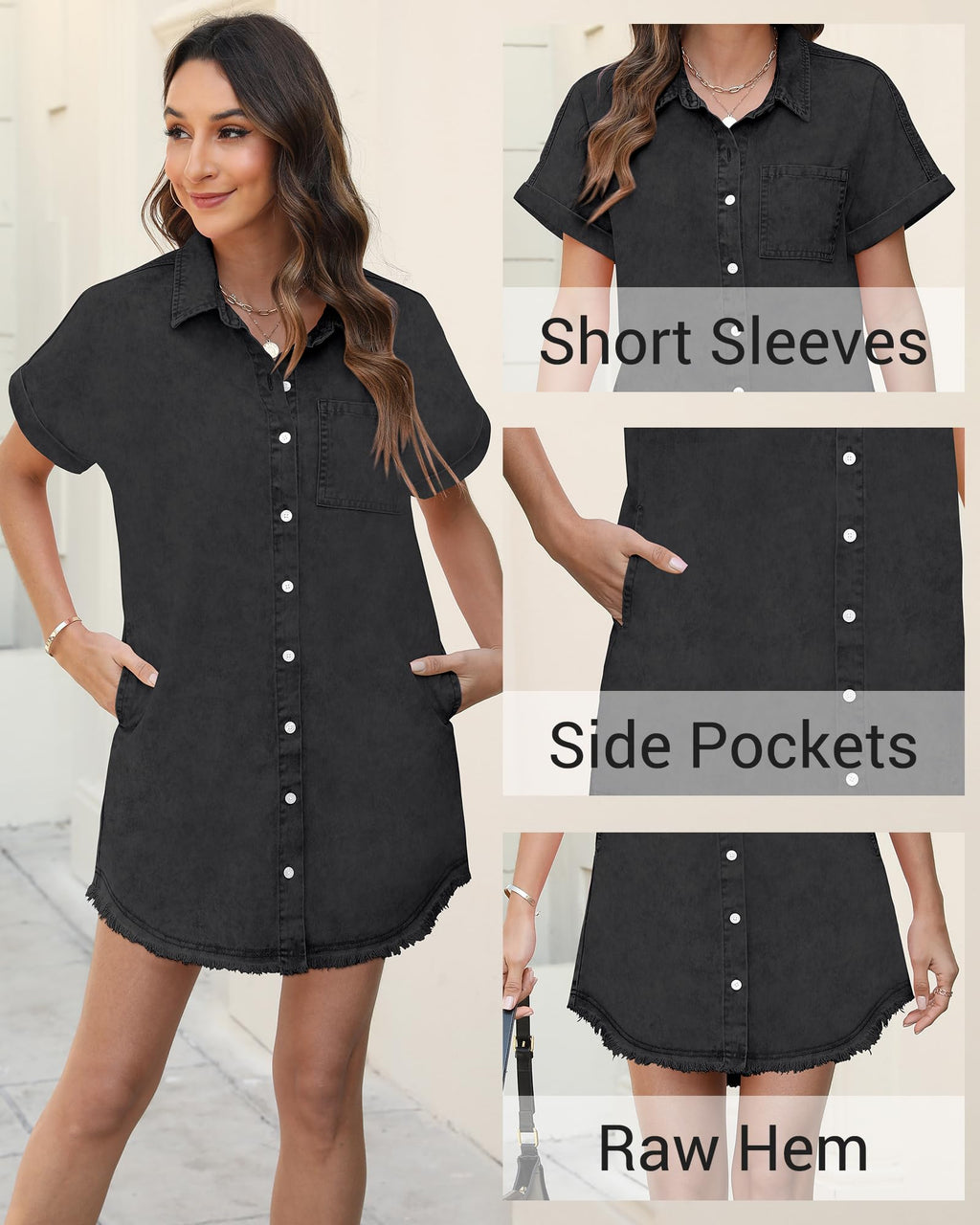 Denim Dresses for Women 2025 Trendy Midi Jean Shirt Casual Short Sleeve Button Down Babydoll Fitted Dress Pockets Knee Length Summer Ladies Black Large