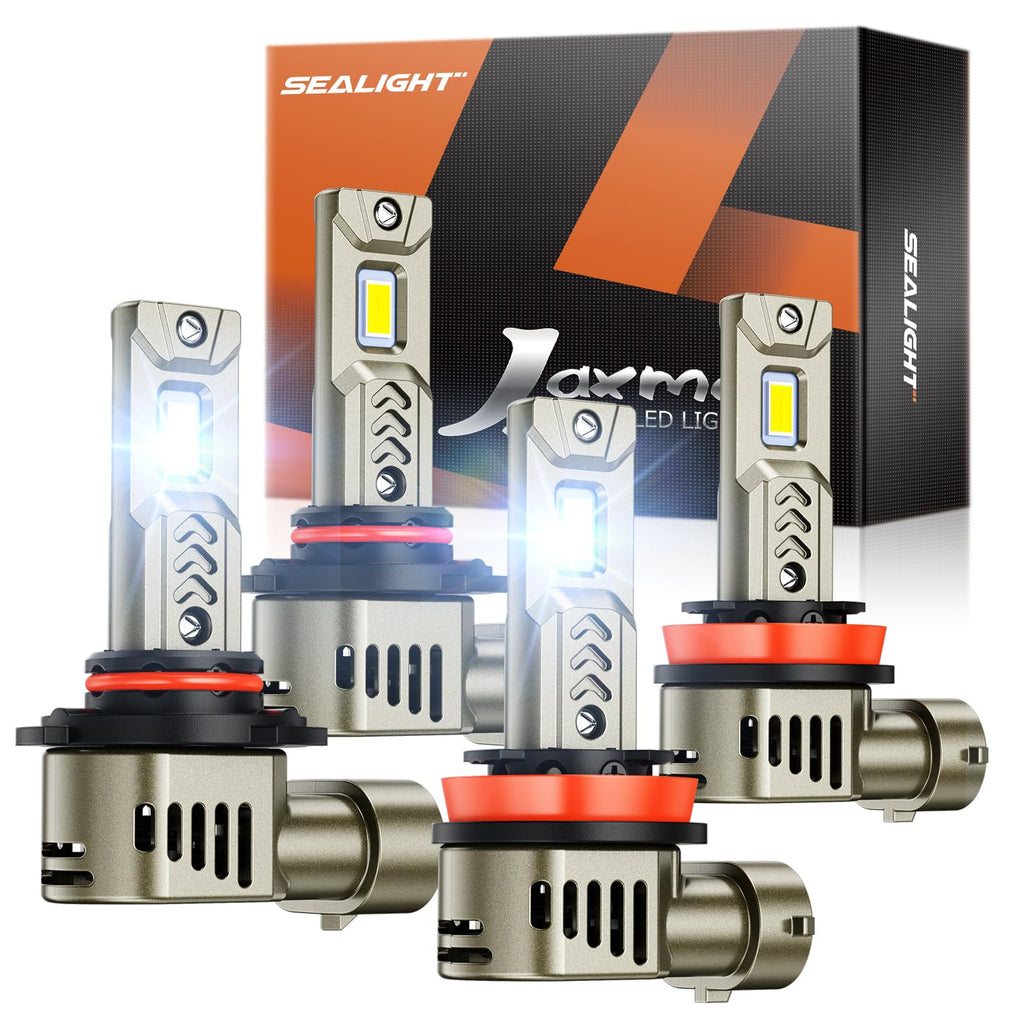 SEALIGHT 9005/HB3 H11/H8/H9 LED Bulb Combo 1:1 Real Design, 1000% Super Bright L2S H11 9005 Bulb, 6500K Cool White, 20 Year Extended Lifespan, 1:1 Halogen Size Wireless, 3 Min Plug and Play, Pack of 4