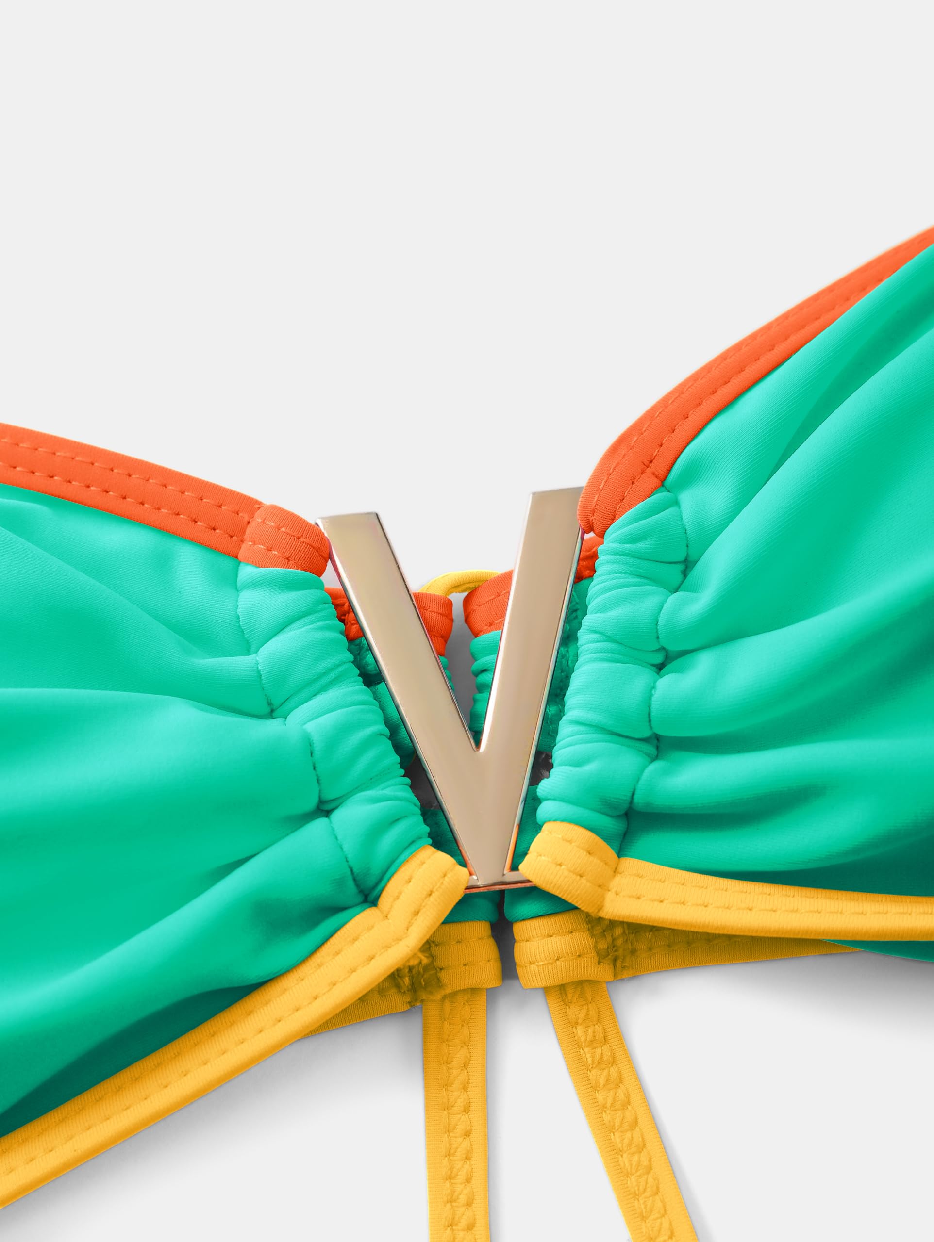 ZAFUL Women's Bandeau Bikini V Strapless Confetti Colorblock Tie Back High Cut Two Piece Swimsuit Bathing Suits (1-Green, M)
