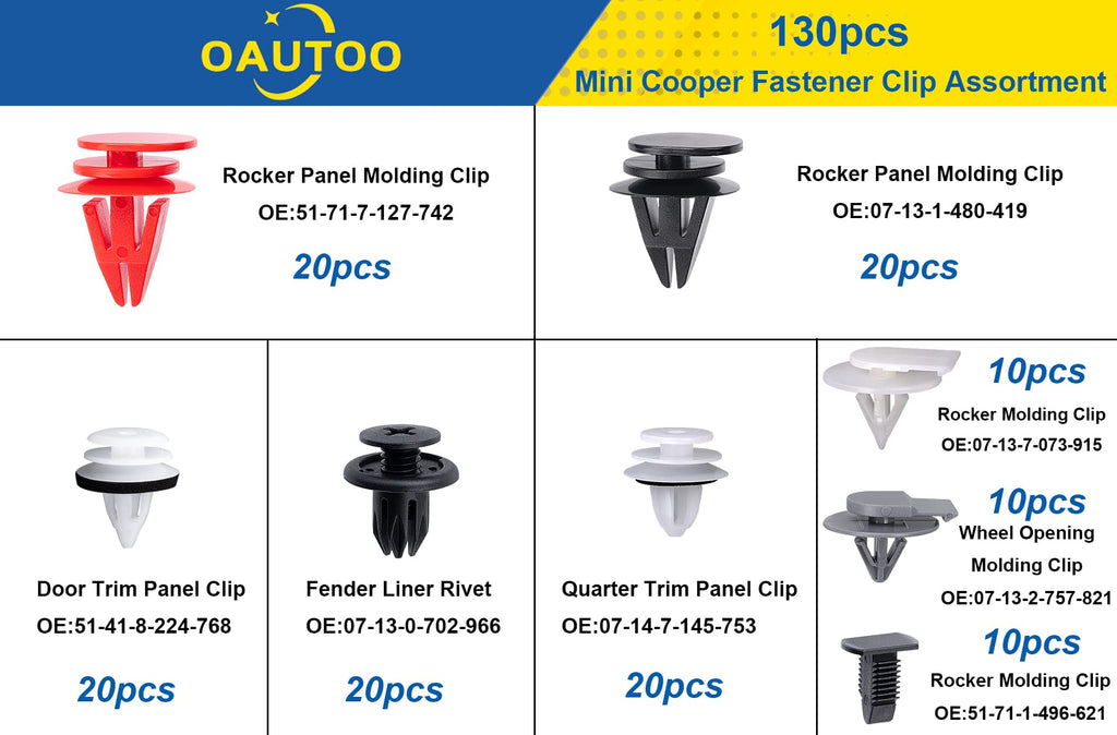 OAUTOO 130pcs Auto Body Interior and Exterior Retainer Fastener Clip Assortment for Mini Cooper R50 R52 R53 R56