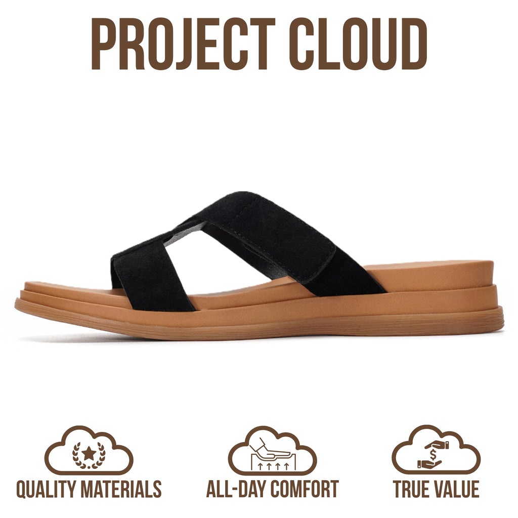 Project Cloud Low Wedge Sandals for Women 2026 - Easy Slip On Sandals with Plush Cushioned Insole – Lightweight & Non Slip Womens Slides for Women Footwear (Nina,BLKSDE,7)
