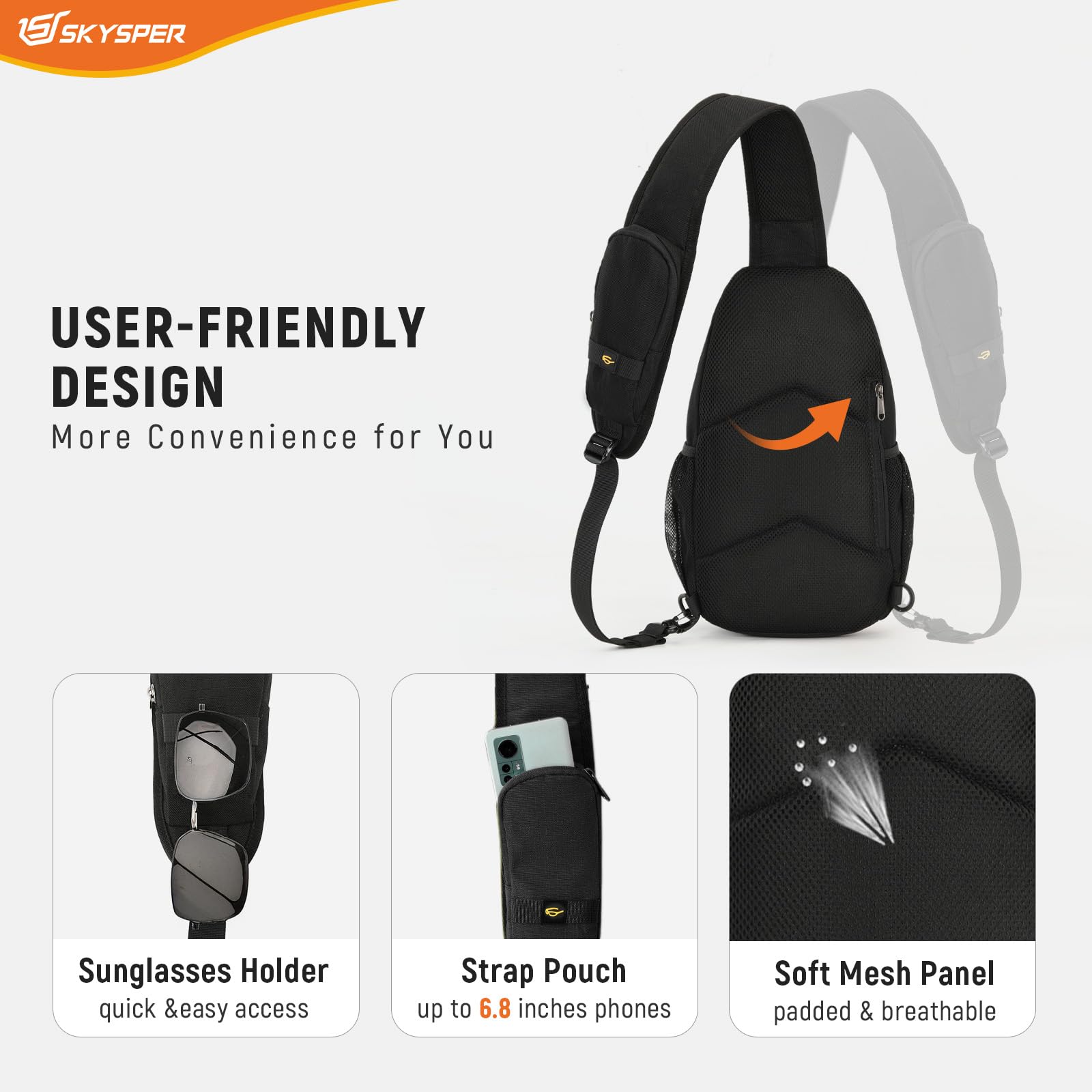 SKYSPER Sling Bag RFID Cross Body Bag Recycled Crossbody Backpack Travel Daypack(Black)