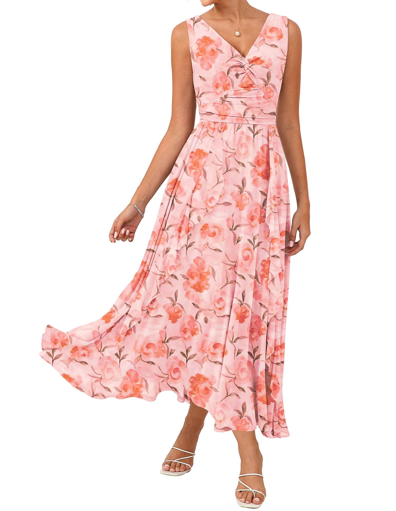 GRACE KARIN Women's Summer Sleeveless Floral Maxi Dress V Neck Formal Wedding Guest Dress A Line Beach Vacation Clothes Orange Floral L