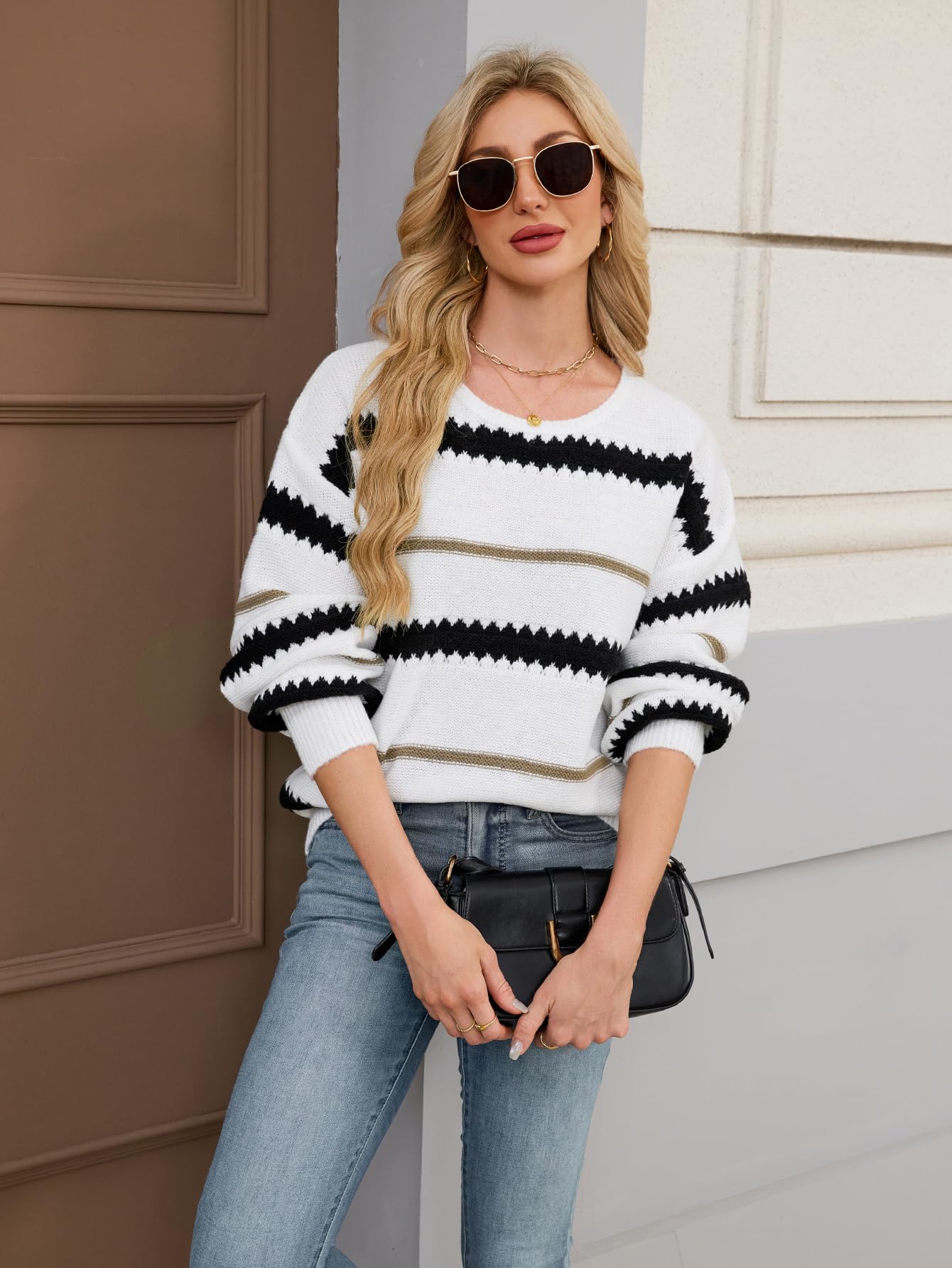 Libsorge Womens Oversized Cute Striped Sweater Fall Winter 2025 Dressy Casual Chunky Knit Crewneck Color Block Long Sleeve Pullover Tops White L