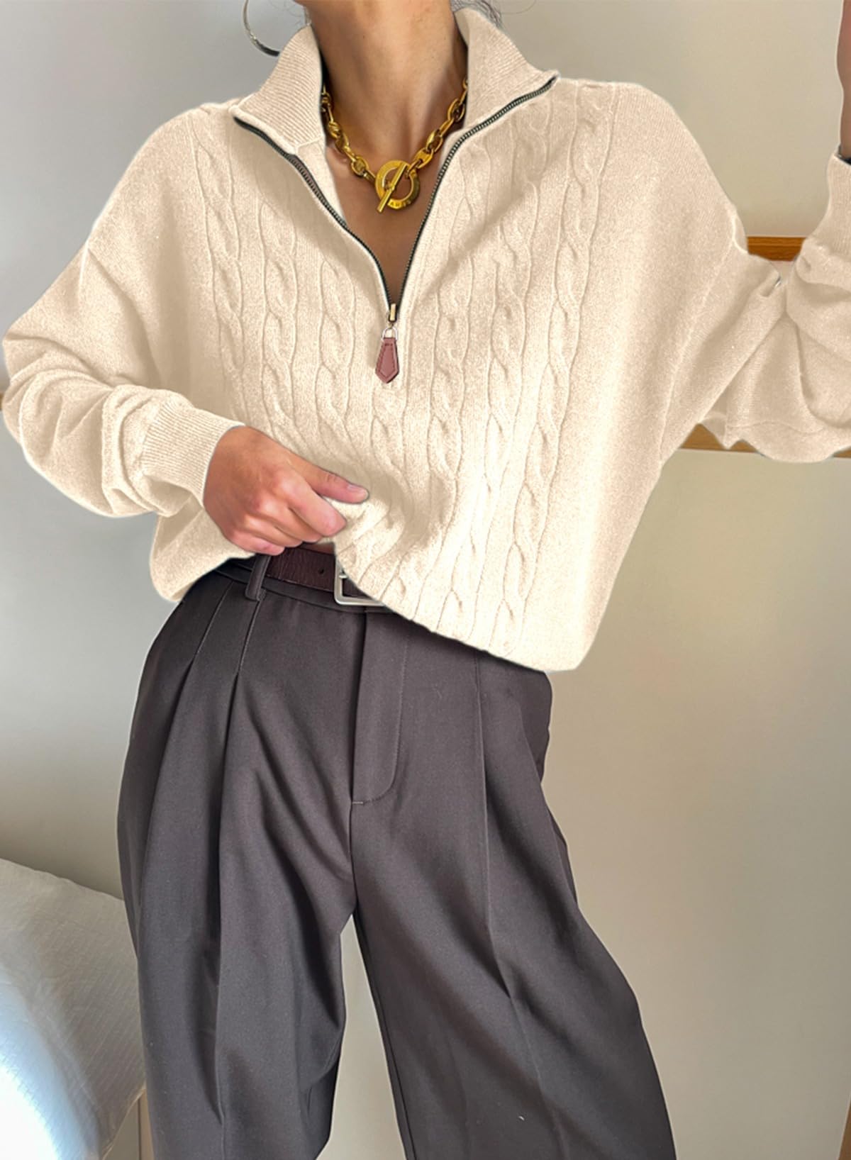 Dokotoo White Womens Early Fall Sweaters for Women Trendy 2025 Outfits Winter Clothes Cable Knit Dressy Casual Women's Sweater Fashion Old Money Cute Quarter Zip Sweater Pullover Oversized Tops