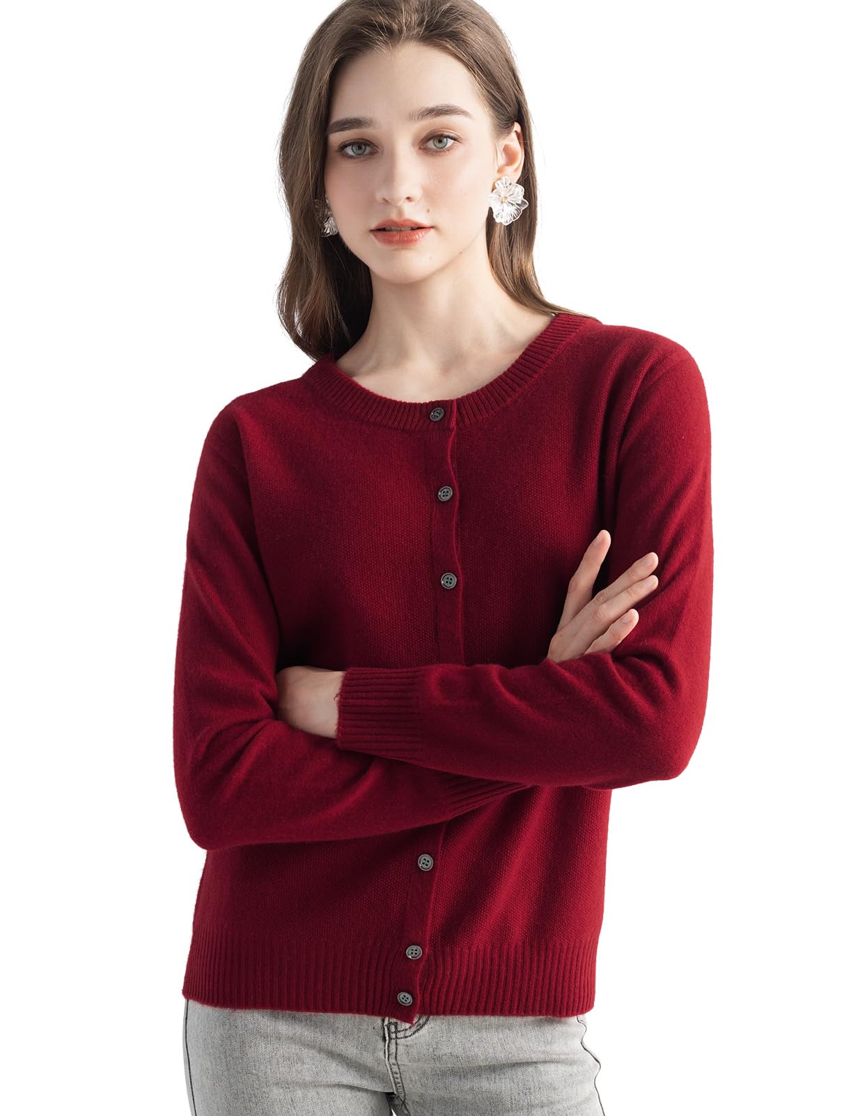 Chanyarn Women's 100% Pure Cashmere Cardigan Crew Neck Long Sleeve 2025 Fall Winter Warm Soft Knit Cardigan Sweater (Wine Red26107,M)