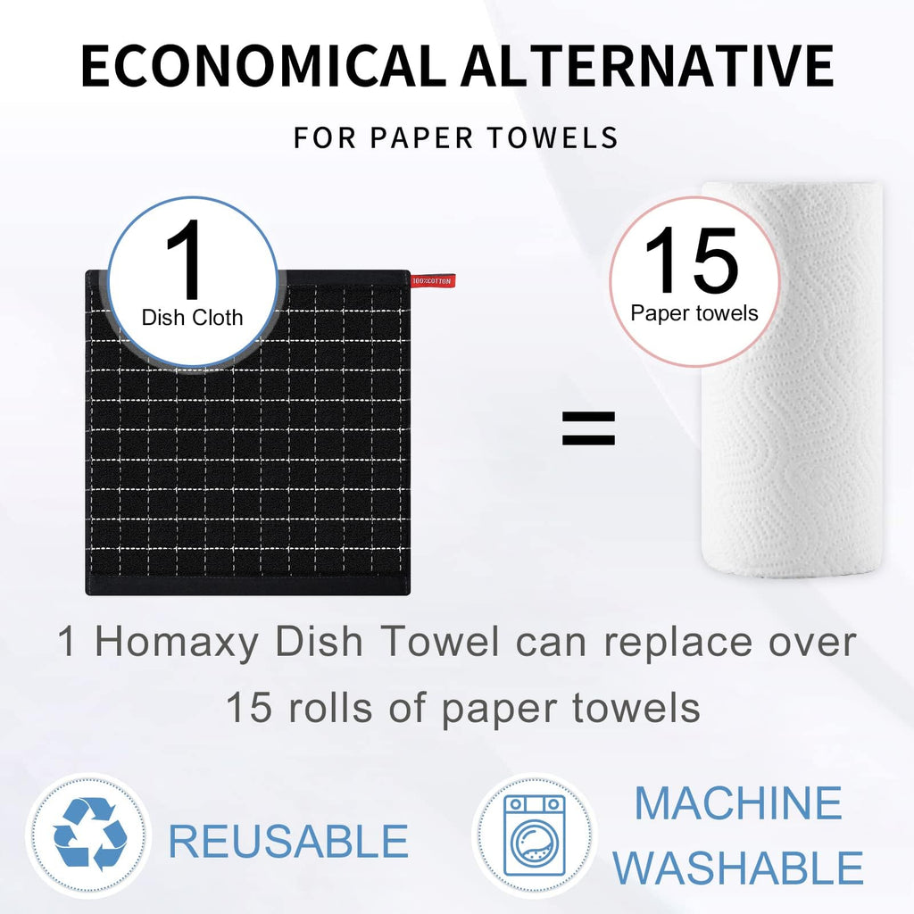 Homaxy 100% Cotton Terry Kitchen Dish Cloths, Ultra Soft and Absorbent Dish Towels for Kitchen, Suitable for Drying and Washing Dishes, 8 Pack, 12 x 12 Inches, Black