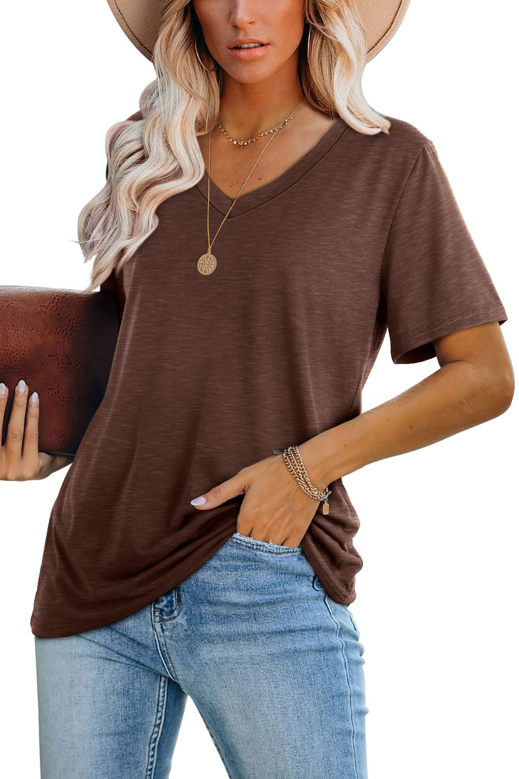 WIHOLL Tops for Women Trendy Short Sleeve Summer T Shirts for Women V Neck Tee Spring Clothes Loose Fitting Business Casual Tops Fashion Clothing Western Outfit for Women Brown L
