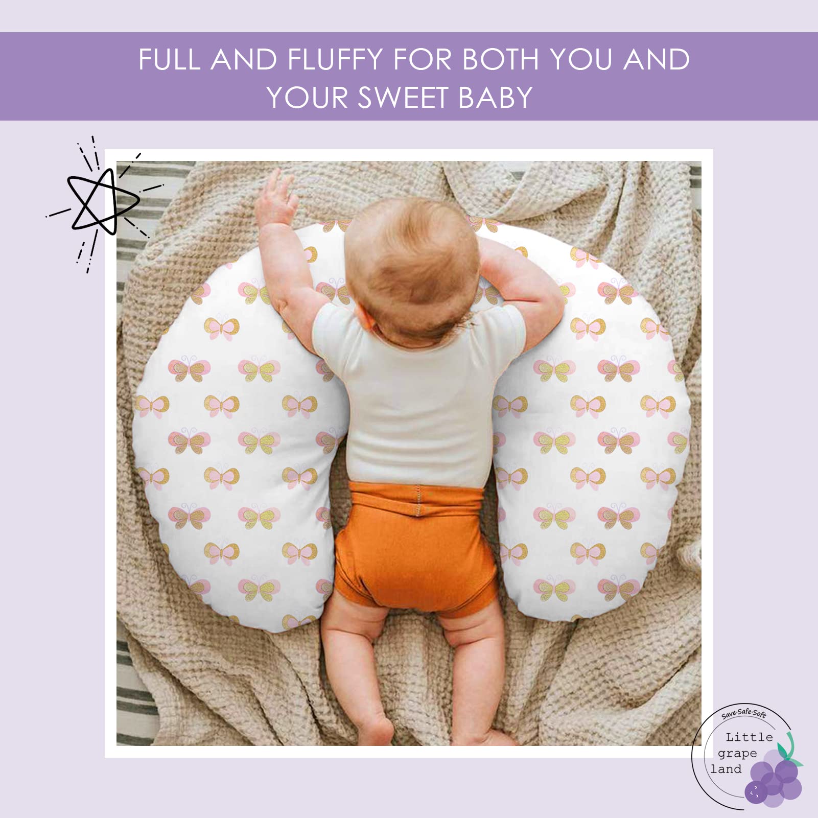 Little Grape Land Nursing Pillow, Breastfeeding Pillows for Mom with Removable Cover and Breathable Filling, Feeding Support Pillow for 0-16 Months, Multifunctional Support Cushion, Butterfly