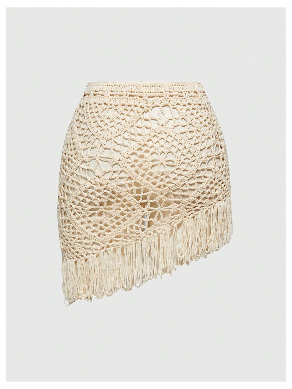 WDIRARA Women's Crochet Fringe Beach Skirt Hollow Out Sheer Cover Up Skirts Boho Coverups Apricot Medium