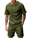 Babioboa Men's Short Sets 2 Piece Jacquard Outfit Summer Crewneck Shirt and Shorts Set Matching Lounge Set(Army Green,S)