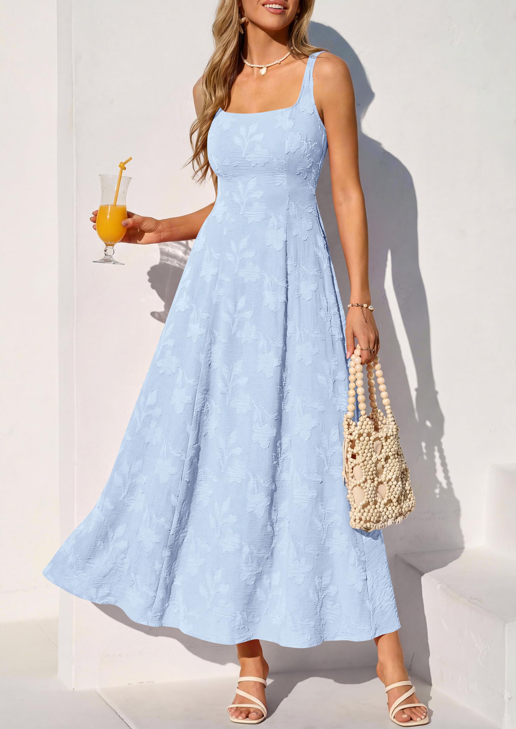 PRETTYGARDEN Womens Summer Maxi Dresses 2026 Casual Sleeveless Square Neck Formal Wedding Guest Beach Vacation Boho Dress (Light Blue,S)