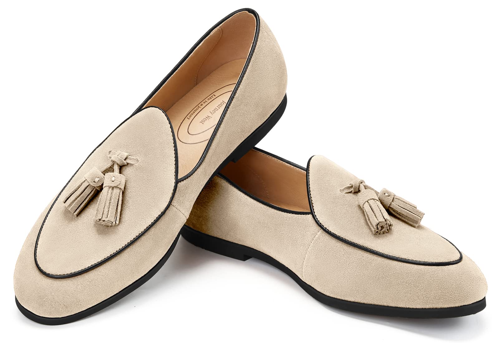 Journey West Men's Tassel Slip-on Loafer Belgian Suede Loafers Casual Leather Shoes for Men Beige US 7
