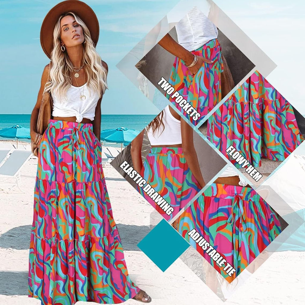 Trendy Lightweight Drawstring Tiered Ruffles Paisley Hippie Plus Size Bohemian Long Maxi Skirt with Deep Pockets Office Music Festival Travel Picnic Dating Fall Outfits Multicolor Abstract Wave L