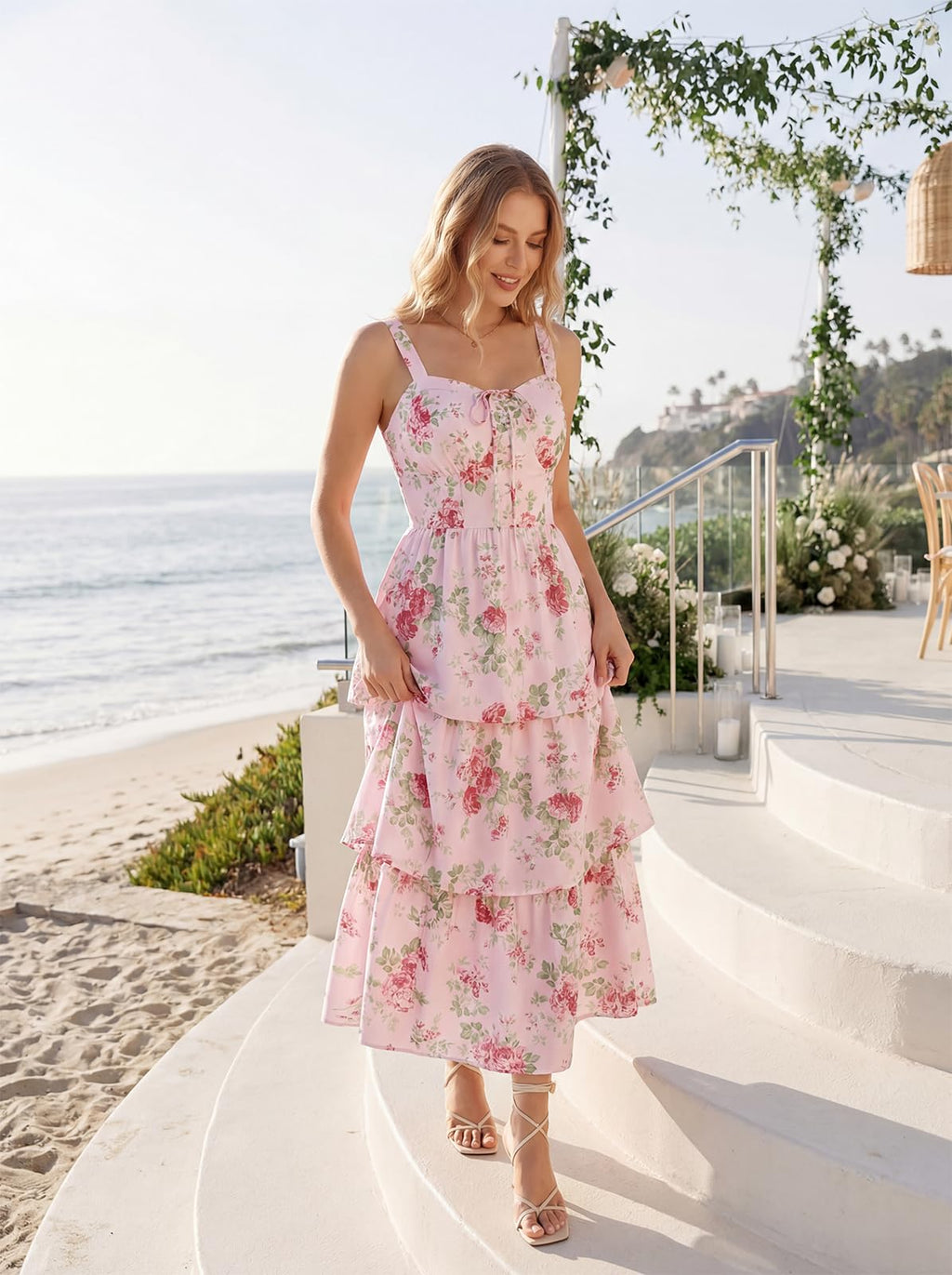 Women's Wedding Guest Dresses Maxi Floral Dress Summer Ruffle Long Corset Milkmaid Dress Pink Rose Size 16
