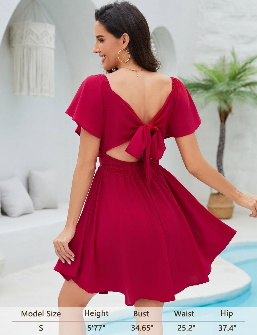 Florboom Women's Summer Square Neck Flowy Mini Dress Chiffon Short Sleeve Swing Sexy Backless Dresses (Red, S)