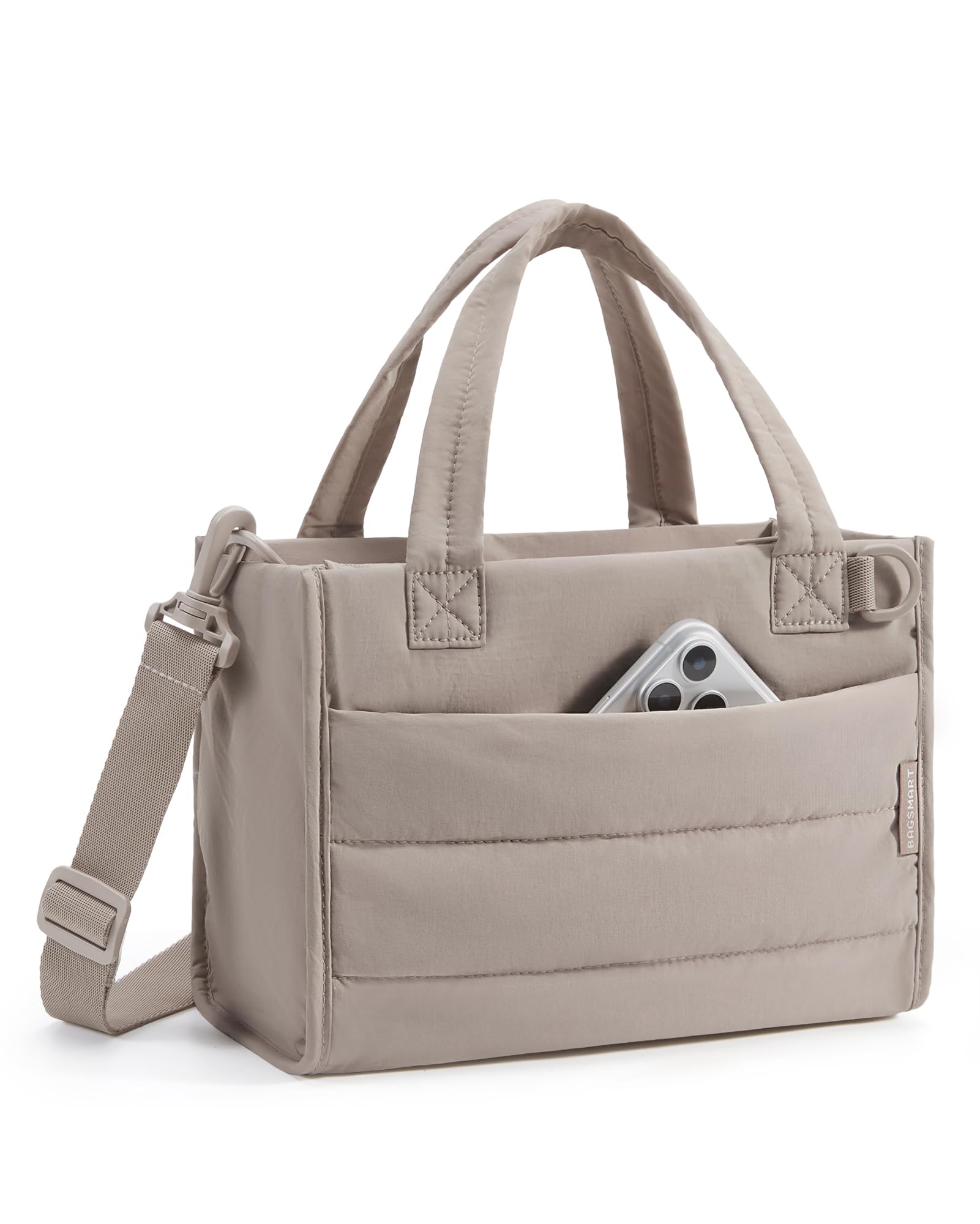 BAGSMART Mini Tote Bag for Women, Puffer Quilted Crossbody Purses, Zipper Closure for Work Travel College, Desert