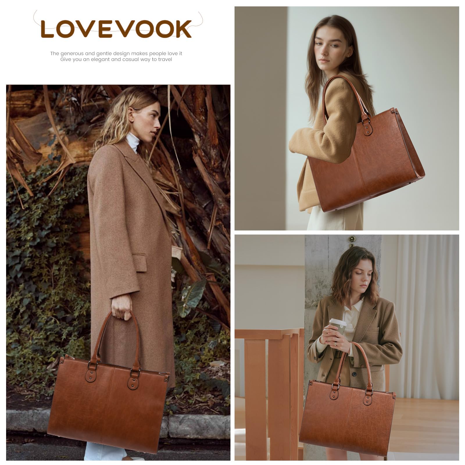 LOVEVOOK Laptop Tote Bag for Women, 15.6 Inch Large Capacity Vintage Leather Work Computer Bag, Business Casual Shoulder Handbag, Dark Brown