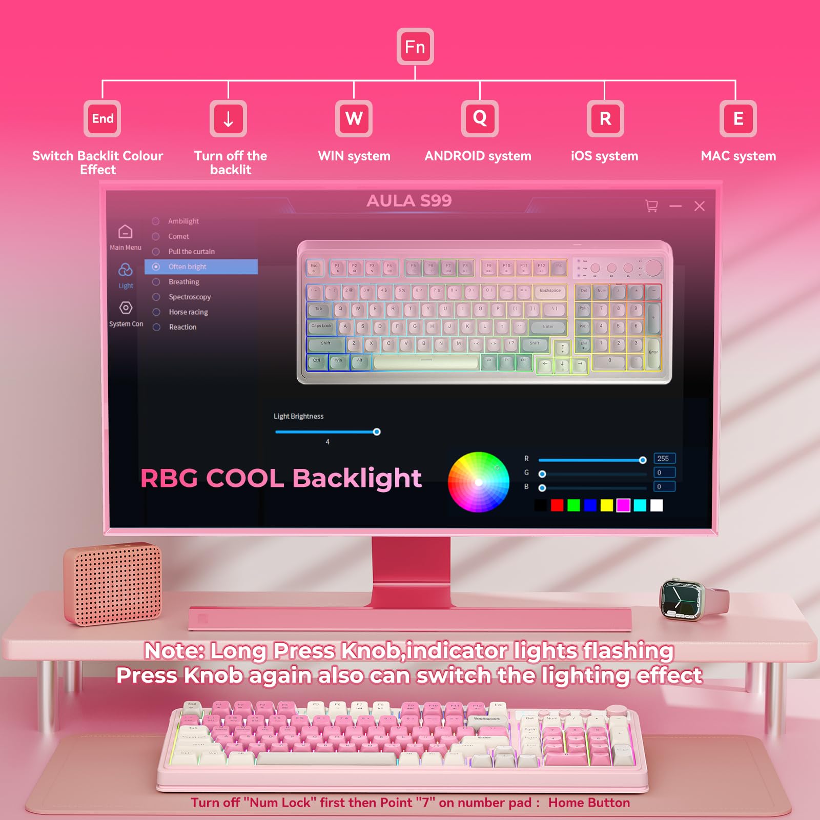 AULA 99 Key Keyboard, Wireless Gaming Keyboard Bluetooth Computer Keyboards Creamy Cute with Number Pad RGB Backlit Tri-Mode BT/2.4GHz/USB-C - Pink