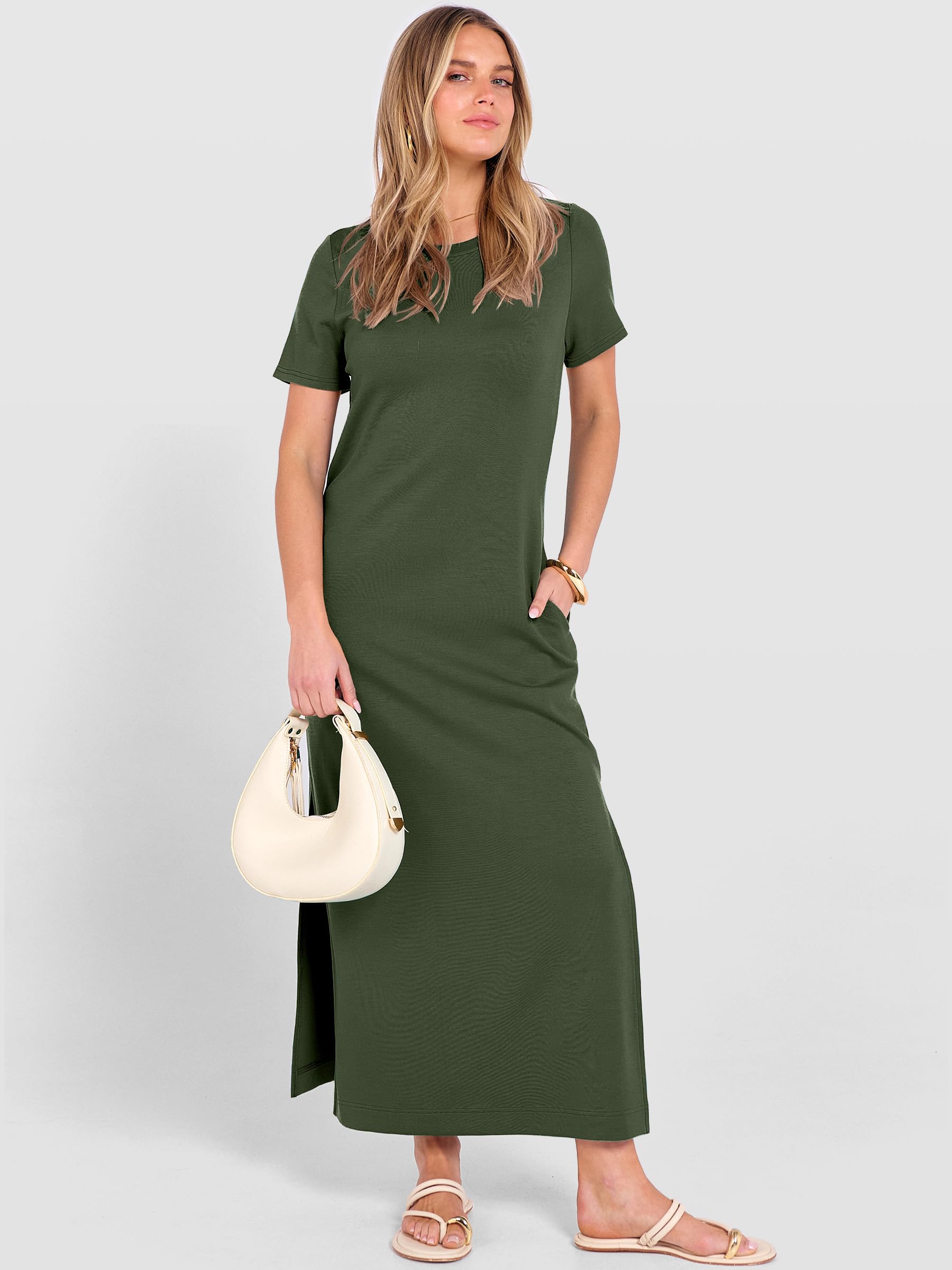 ANRABESS Womens Summer Casual Maxi Dress Short Sleeve Crewneck Split Wrinkle-Free Travel Long Sundress Beach Vacation Clothes Army Green Large