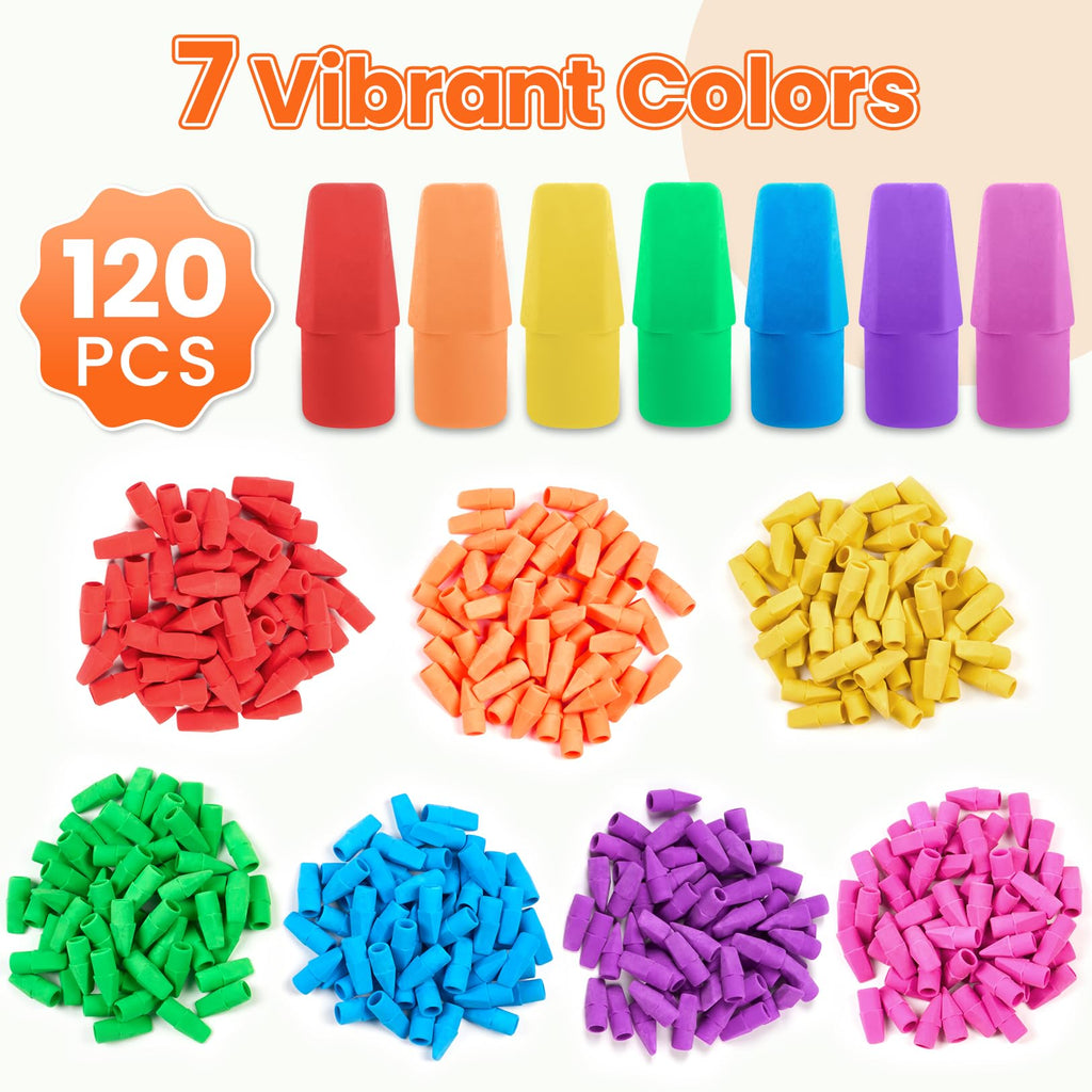 Sooez 120 Pack Pencil Top Erasers, Cap Pencil Eraser Toppers, Studying Supplies for Teachers Classroom Must Haves Pencil Erasers, 7 Colors