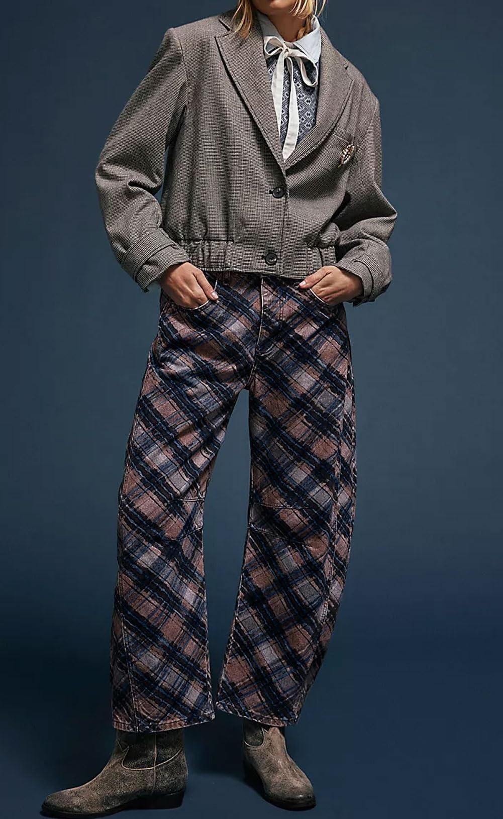 loveimgs Women Boyfriend Baggy Barrel Jeans Floral Print Denim Ankle Pants Wide Leg Mid Rise Jeans Sweatpants Y2k Patchwork (Small,Plaid)