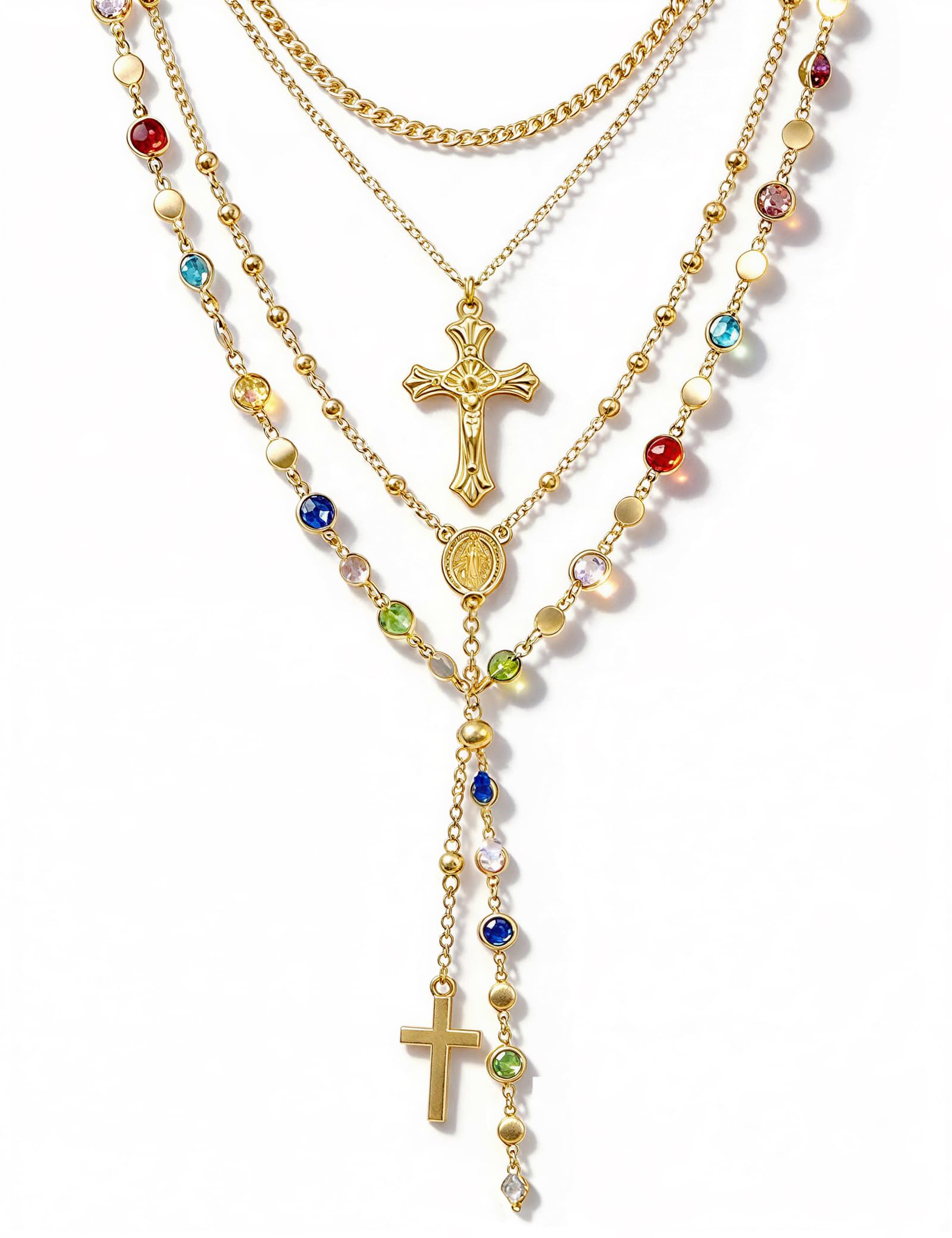 4PCS Layered Gold Cross Necklaces for Women Trendy, Bohemian Bead Pearl Y Long Pendant Necklace Set, Vintage Rosary Necklace Stack Adjustable Length