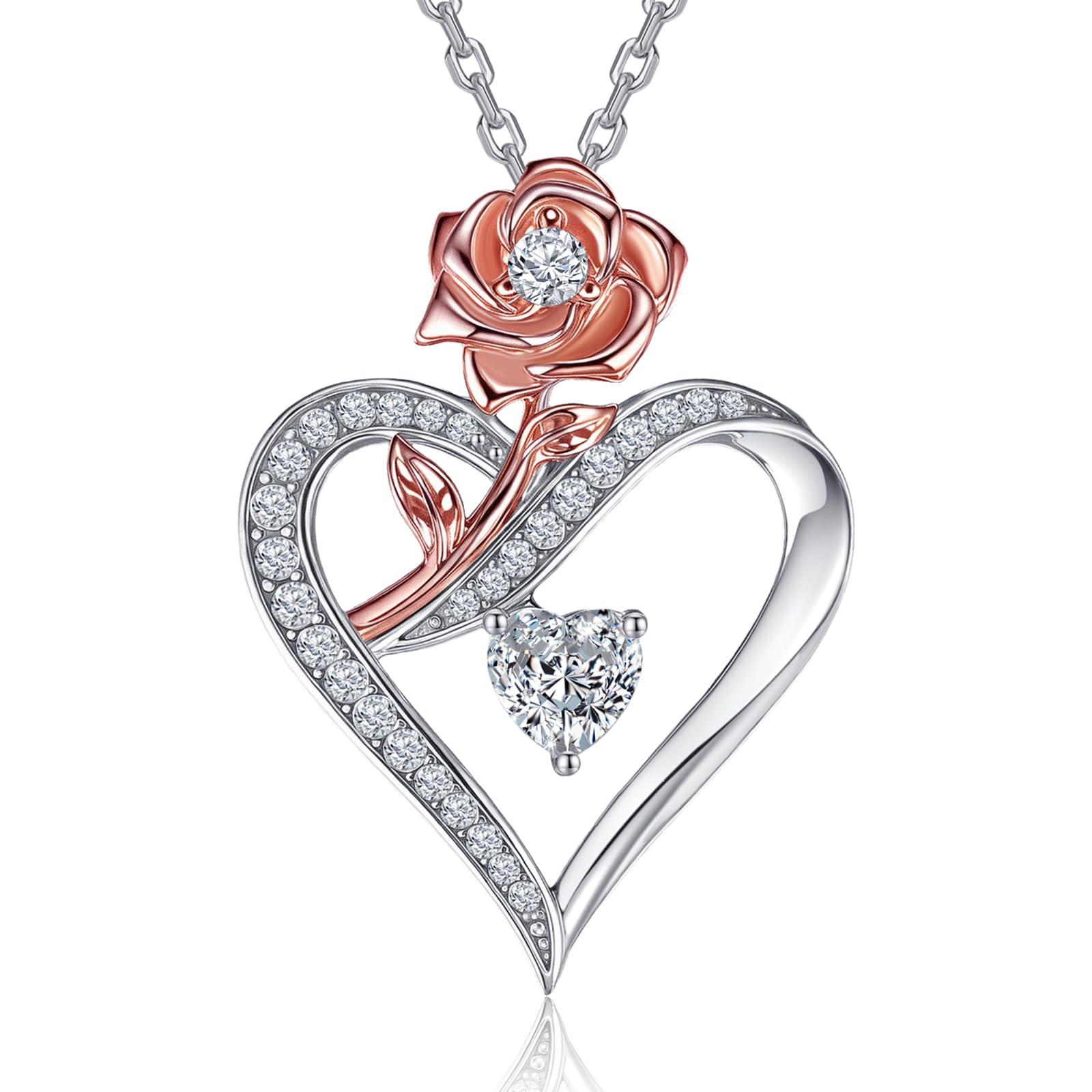 EleShow Moissanite Necklace for Women, Sterling Silver Rose Heart Pendant Necklace, Romantic & Ideal Jewelry Gift for Her on Birthday, Anniversary, Mothers Day
