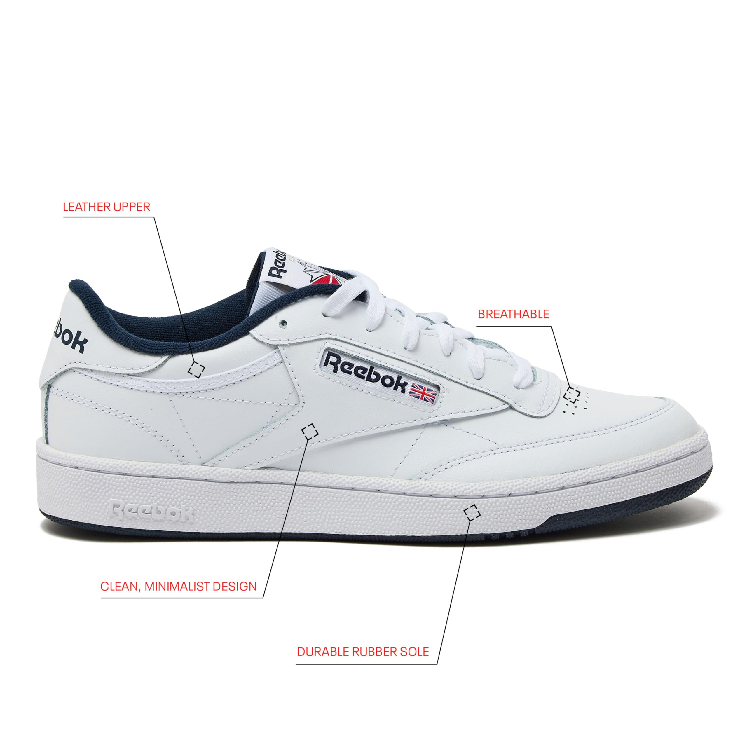 Reebok Club C 85 Mens Tennis Shoes, Casual Fashion White Sneakers for Men, Int-White/Navy, 11