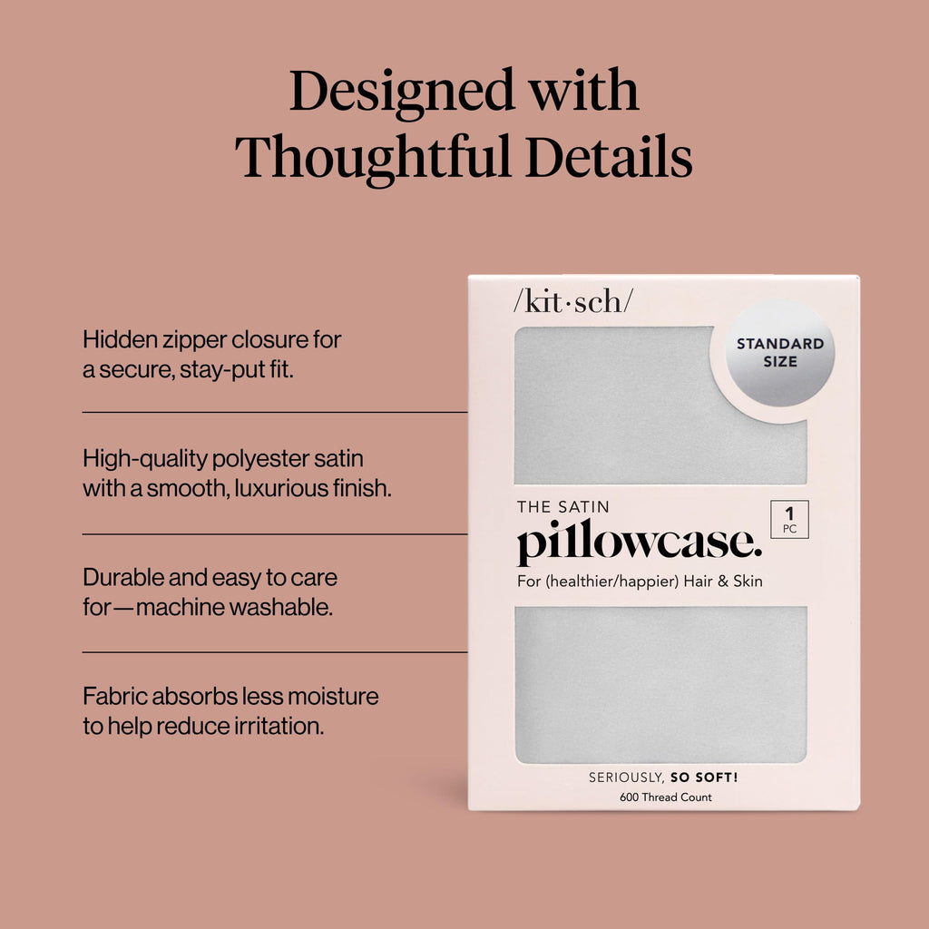 Kitsch Satin Pillowcase with Zipper for Hair & Skin, Softer Than Silk Pillow Cases Queen, Smooth Pillow Covers, Machine Washable, Wrinkle-Free, Cooling Satin Pillow Cases Standard Size 19"x26", Silver