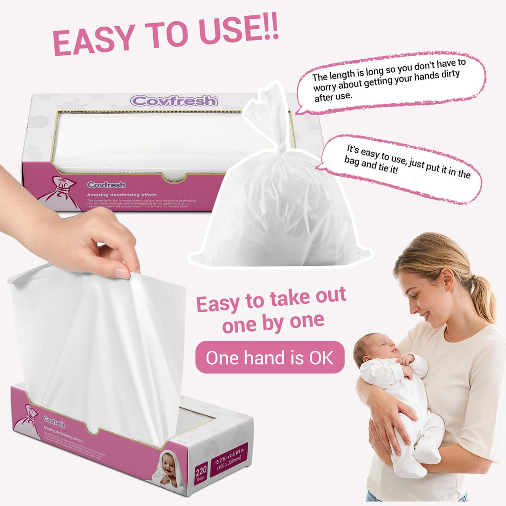 Covfresh Odor Sealing Baby Diaper Disposable Bags - S/220 Counts Unscented, Durable Diaper Sacks for Home, Travel & On-the-Go Use (Color:White)