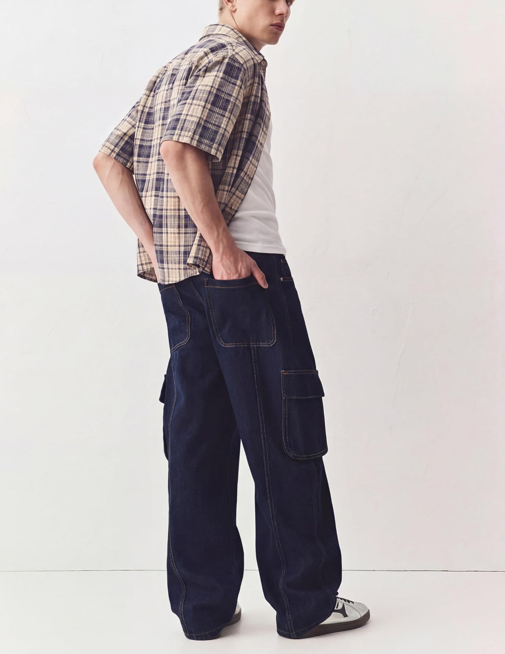 Mens Button Down Shirts - Short Sleeve Boxy Shirt, Plaid & Striped Tops Blue