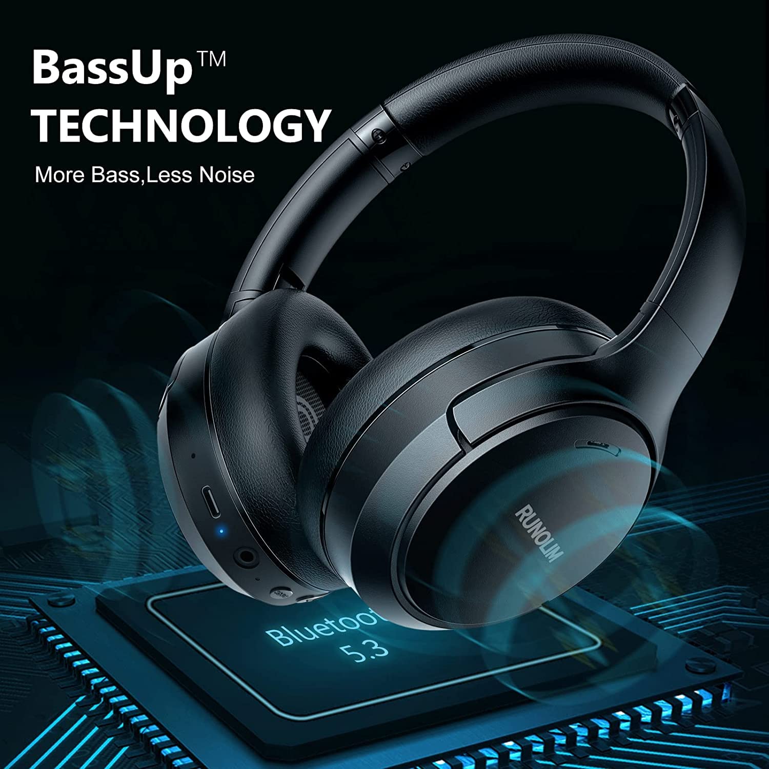 RUNOLIM Hybrid Active Noise Cancelling Headphones, Wireless Over Ear Bluetooth Headphones with Microphone, 70H Playtime, Foldable Headphone with HiFi Audio, Deep Bass for Home Travel Office