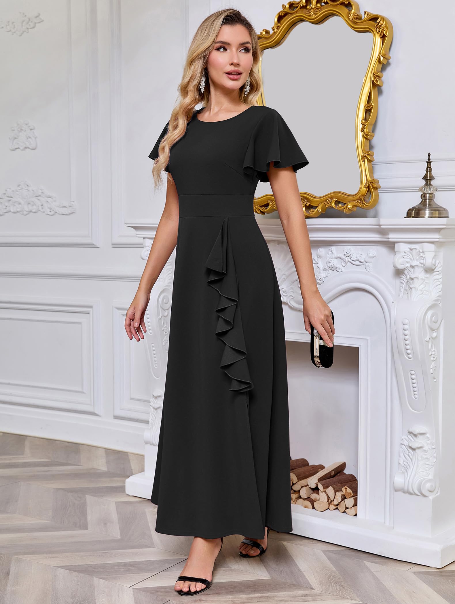 TVVZOOZ Women’s A-Line Ruffle Maxi Wedding Guest Dresses Short Sleeve Formal Evening Gowns Black