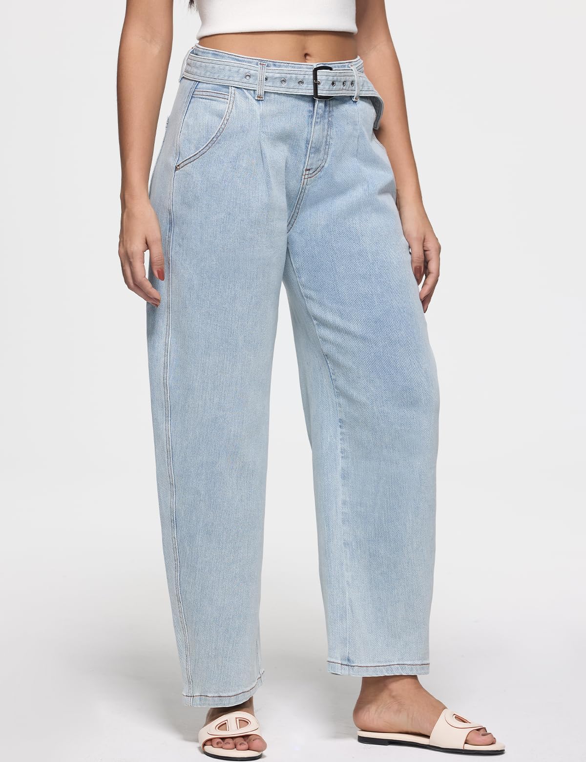 ZPIUO Barrel Jeans for Women - High Waisted Baggy Wide Leg Stretchy Denim Pants with Detachable Belt - Ice Blue Size 14