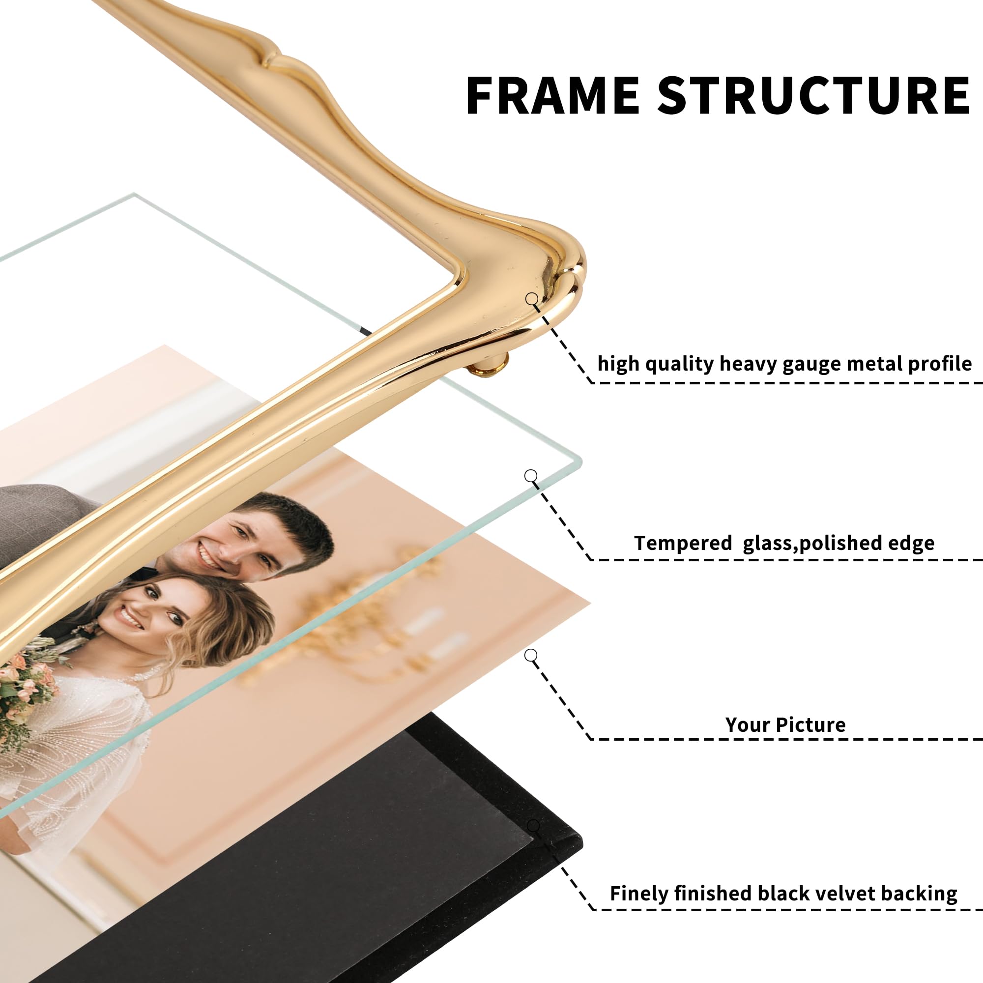 GorYeeFine 8x10'' Premium Alloy Gold Picture Frame with Acid Free Mat 5x7'',Hi-End Décor Metal Frames 5x7'' with Black Velvet Backing for Desktop Display and Wall Decor