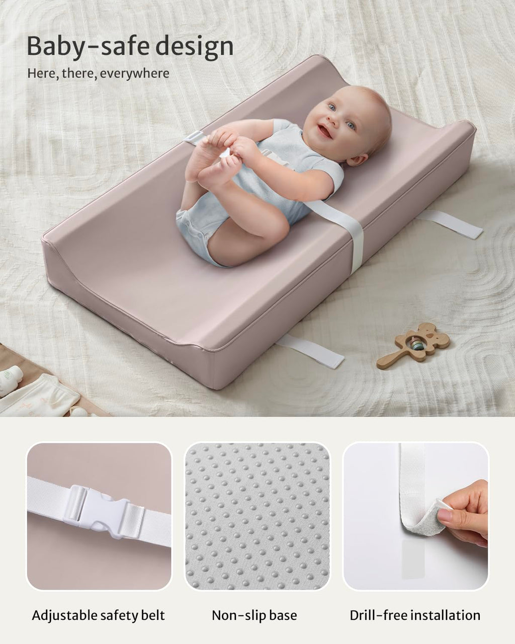 Blissful Diary Vegan Leather Baby Changing Pad with Waterproof & Wipe-Clean PU Cover, Standard Size Cozy Diaper Changing Pad for Dresser and Table, Taupe
