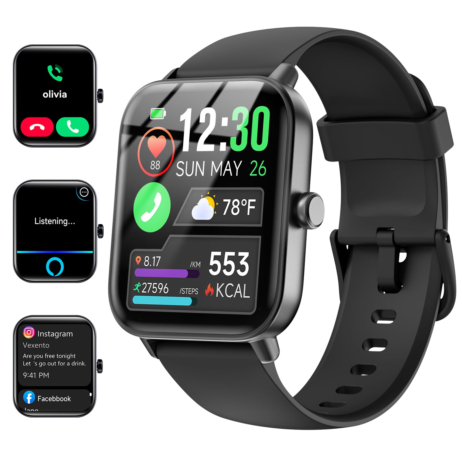 Smart Watches for Women/Men, Smart Watch for Android Phones and iPhone Compatible, Alexa Built-in, 1.8" Fitness Watches for Women, IP68 Waterproof /Bluetooth Call, Heart Rate/Sleep Monitor, Black