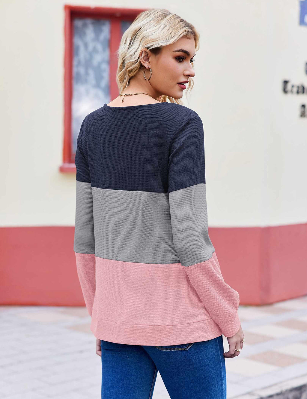 Zeagoo Womens Waffle Knit Shirts Fall 2026 Fashion Long Sleeve Color Block Tunics Button Casual V Neck Knitted Tops Decor Trendy Pullover Blouse