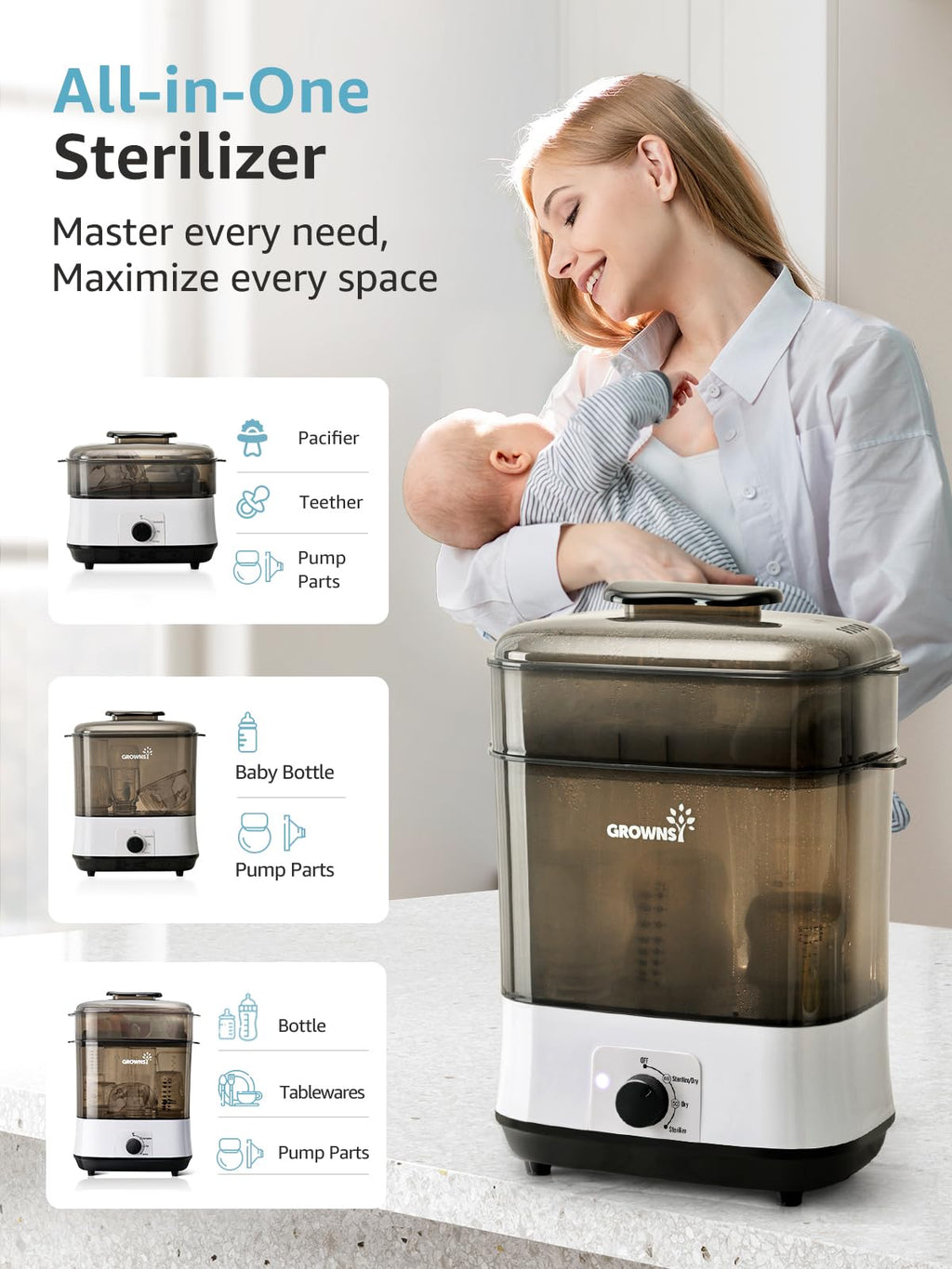 Grownsy Adjustable 4 in 1 Large Bottle Sterilizer and Dryer, 8 Bottles Capacity,Electric Steam Baby Bottle Sterilizer, Sanitizer for Baby Bottles & Pacifiers, Breast Pump Parts
