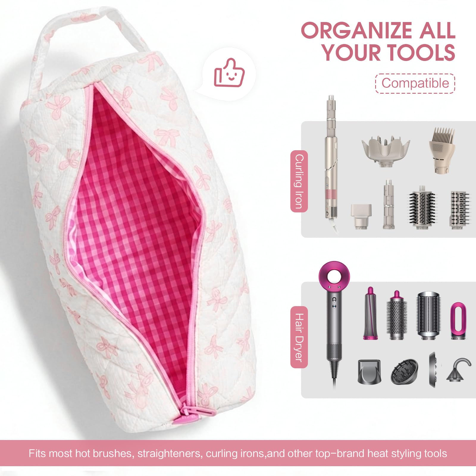 Canumer Hair Tools Organizer Bag with Bow Pattern for Curling Irons, Flat Irons, Hair Dryers and Styling Tools, Portable Pink Travel Case, Haircare Accessories Travel Essentials(14" x 3.1" x 4.9")